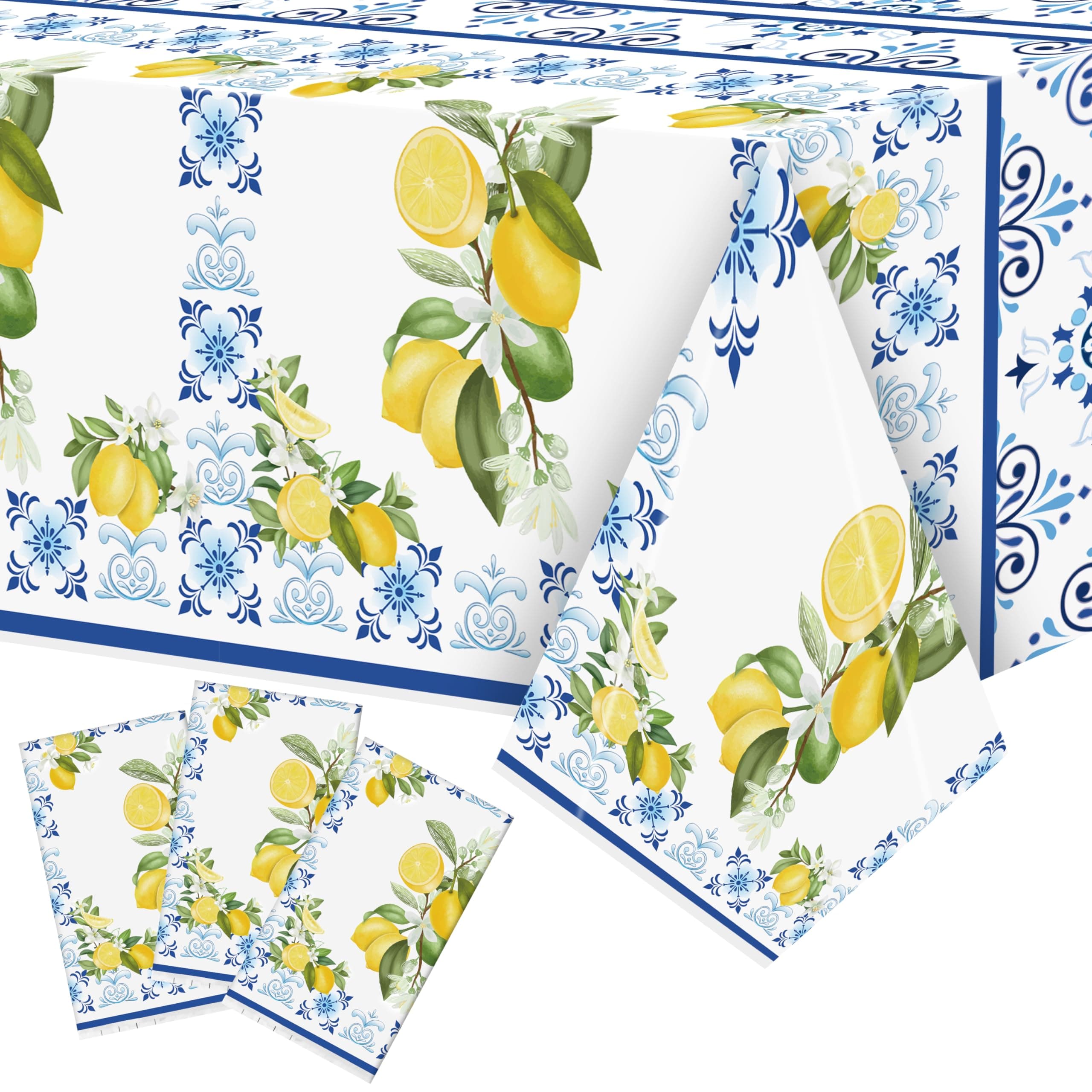 Capri Lemon Plastic Tablecloth - 3-Pack Mediterranean Pattern Disposable Waterproof Table Cover for Party Decoration, Summer Spring Fruit Kid Birthday, Dining, Picnic, Wedding