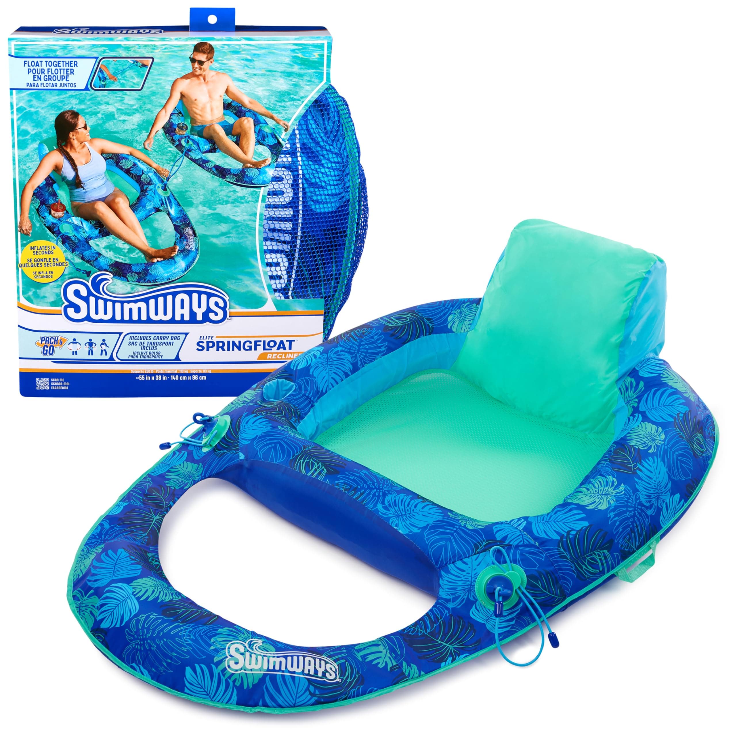 Swimways Elite Spring Float Recliner Pool Lounge Chair, Inflatable Pool Floats with Fast Inflation, Pool Recliner for Adults up to 250 lbs