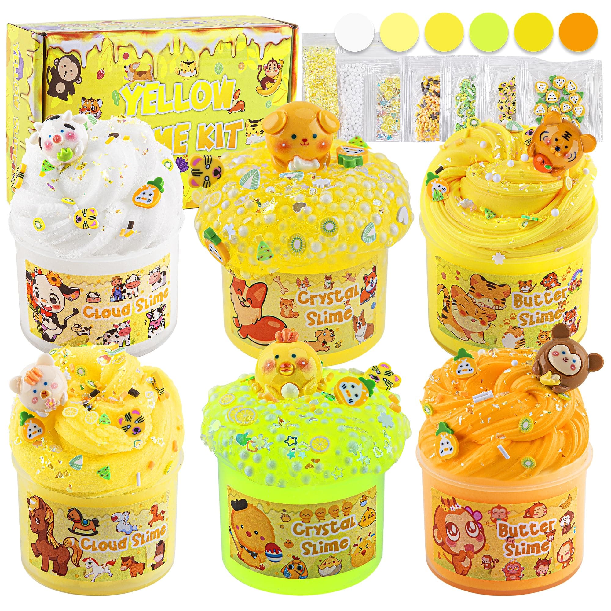 6 Packs Gradient Yellow Slime Kit - Clear, Butter, Cloud & Fluffy Slimes for Kids with Charms & Animal Add-ins, Party Favors for Girls & Boys, 360ml Non-Stick