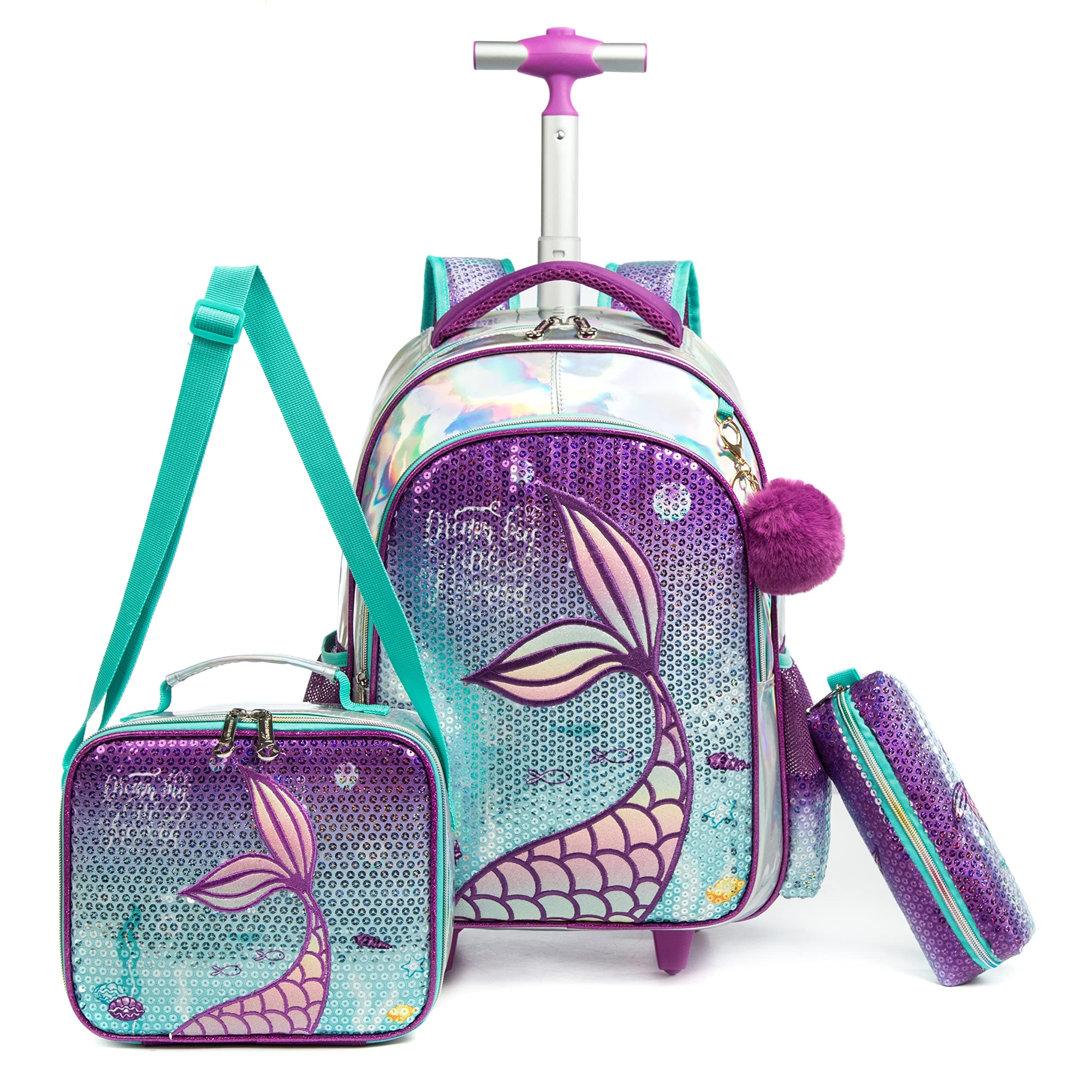 MeetbelifyMermaid Rolling Backpack for Gilrs Backpacks with Wheels for Elementary School Bag Trolley Trips Luggage with Lunch Box for Preschool Students, Mermaid, Casual