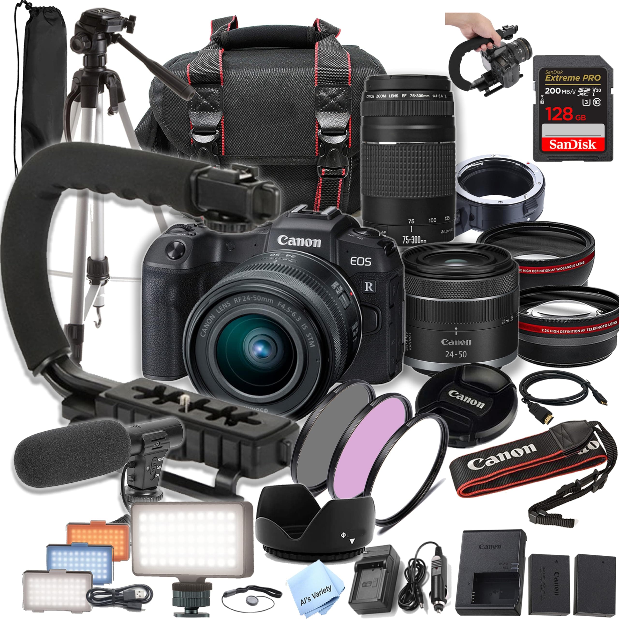 Canon EOS RP Camera Bundle with 24-50mm + 75-300mm +128GB Extreme Speed Card, U-Grip, Microphone, LED Video Light, Spare Battery, Filter Kit, More (Extreme Pro-Bundle) (Renewed)