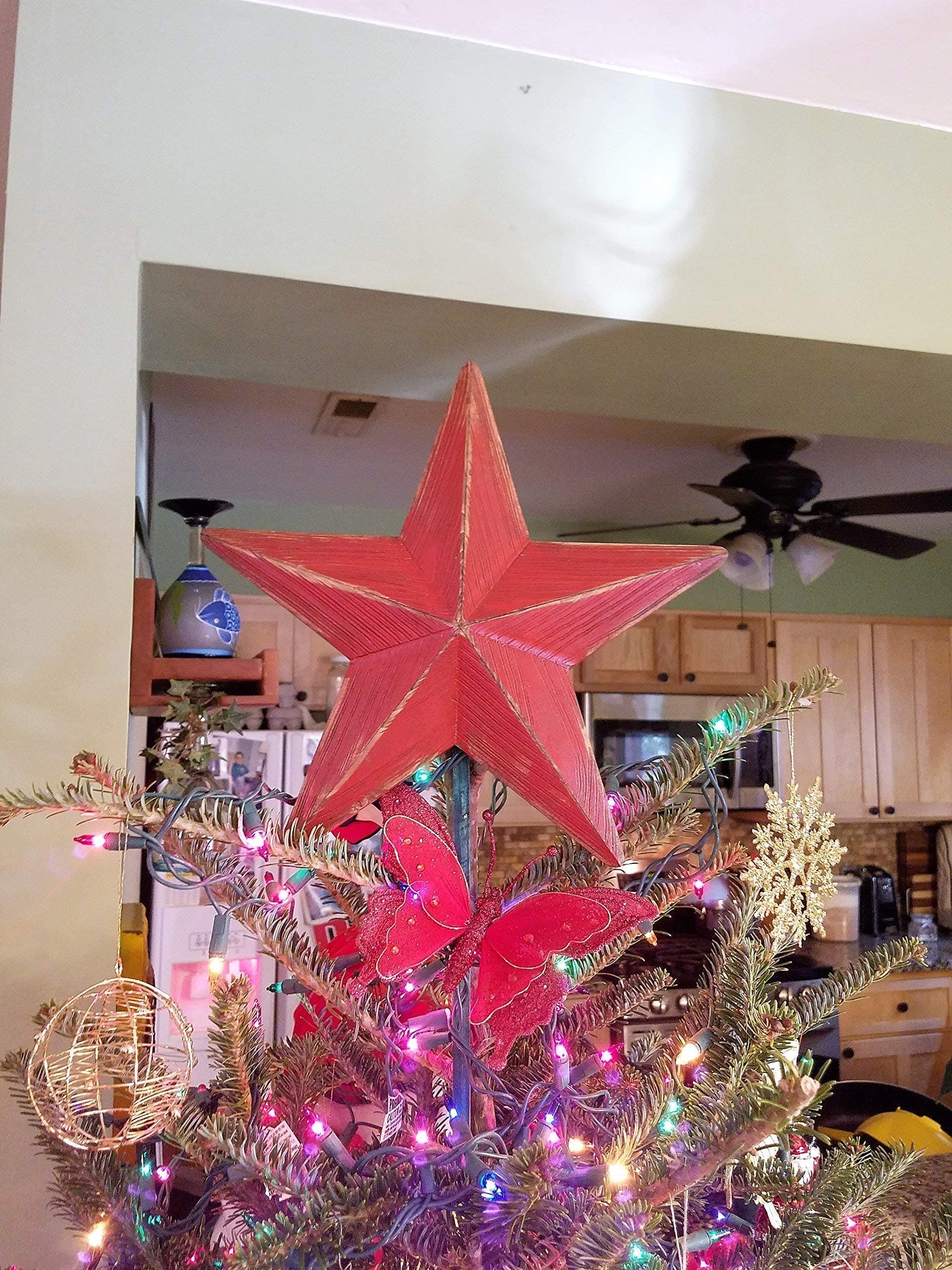 Christmas Tree Topper Star Rustic Wood Red
