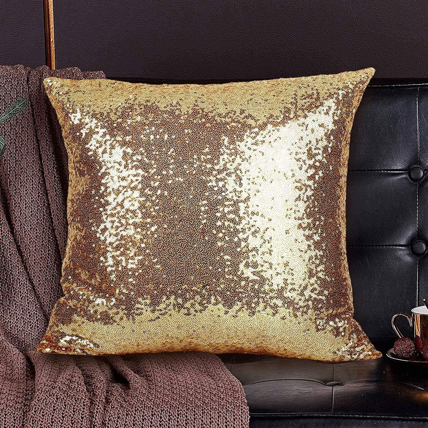 2 Pack Sequins Decorative Pillows,18"x18" Textile Glitter Sequins Square Solid Throw Pillow Covers Cushion Case Hidden Zipper Design for Home Decoration Bed Living Room Christmas Party Wedding