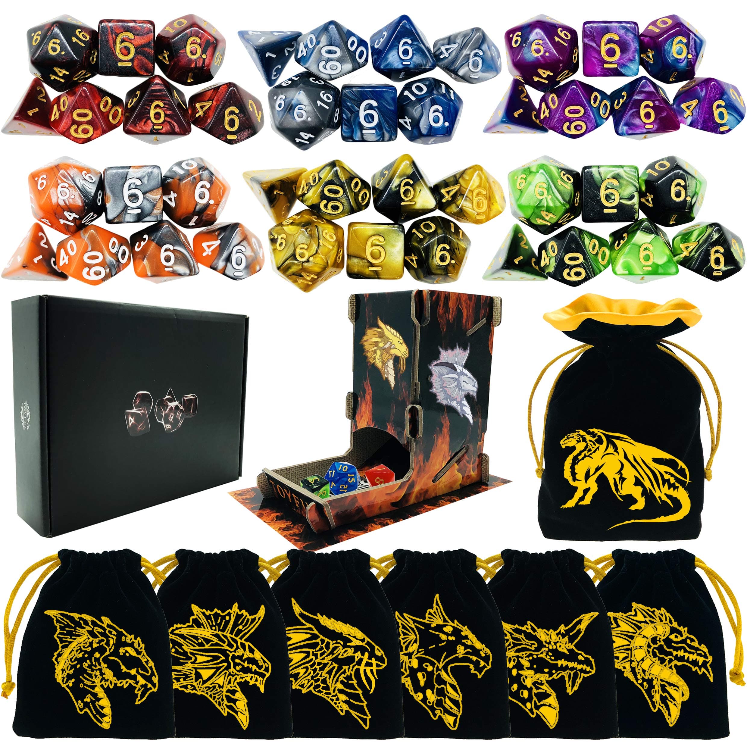 6 Sets Double-Colors DND Dice Polyhedral Dungeons and Dragons DND RPG MTG Table Game Dice Bulk with Seven Free Drawstring Bags and D&D Dice Tower Gift Package Black