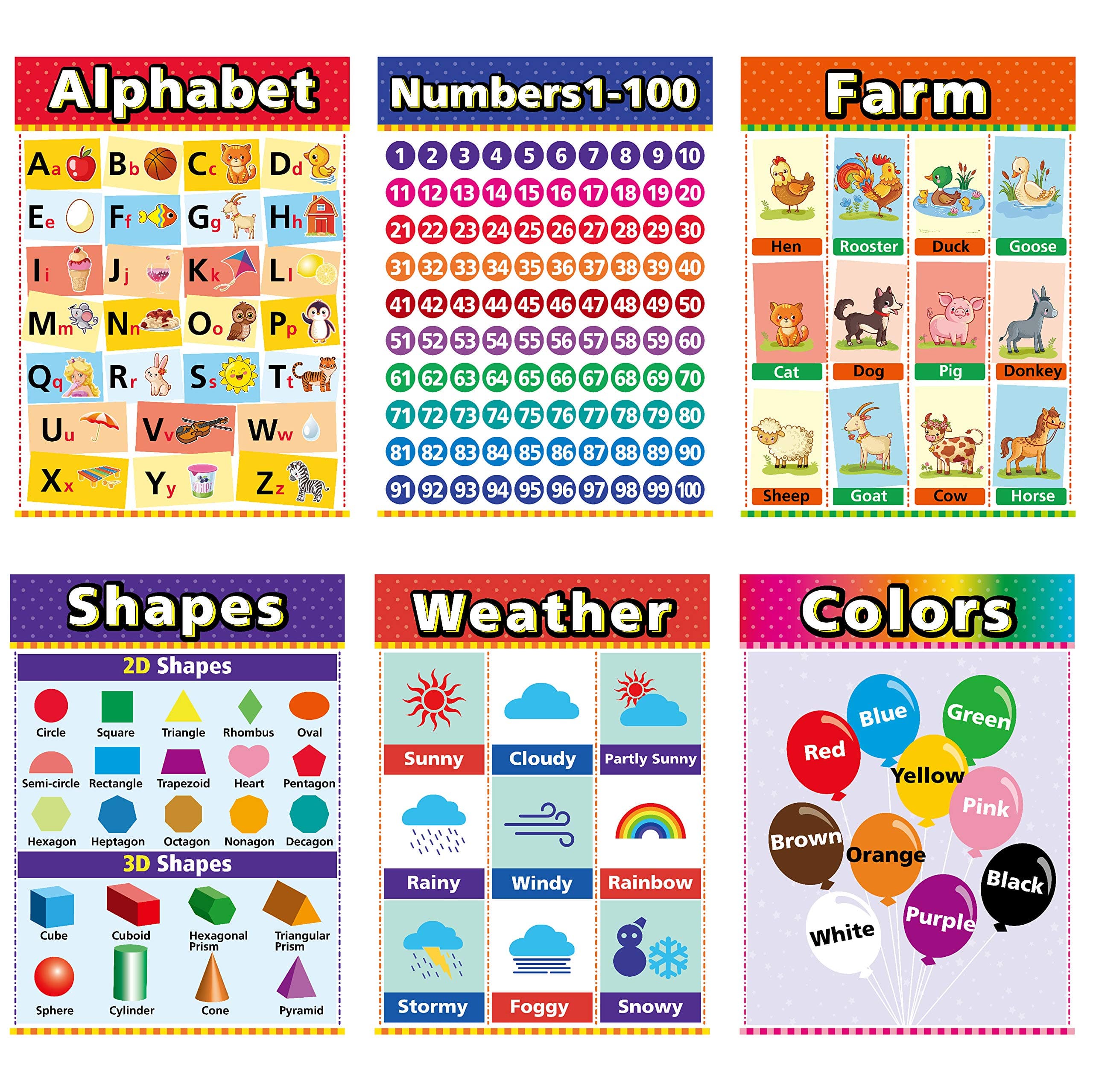 Educational Posters for Kindergarten, Preschool Learning Posters, Laminated Learning Charts for Toddlers, Elementary Posters for Classroom, School Supplies Includes Numbers, Time (6 Pack Upgrade)
