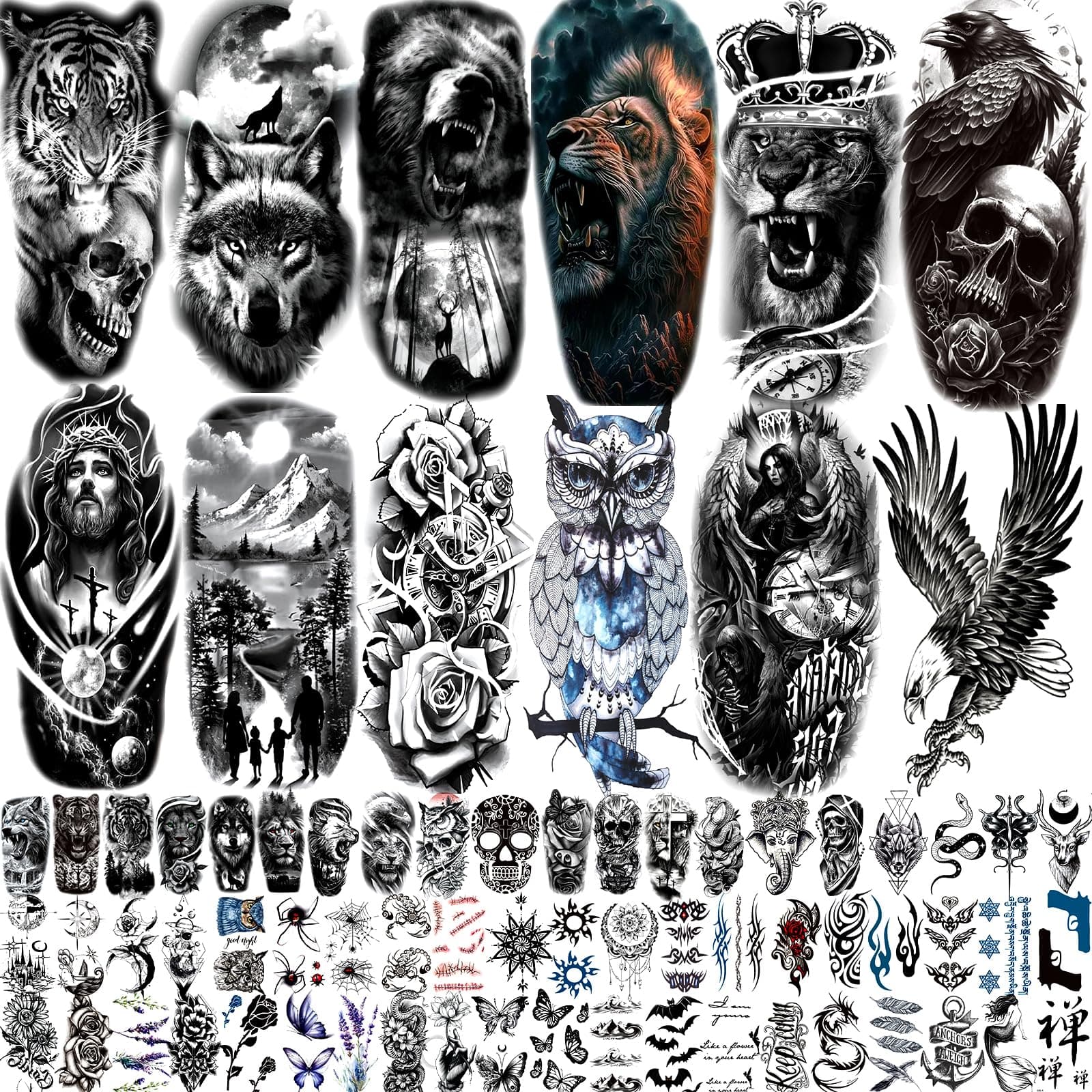 Zomme 42 Sheets Temporary Tattoos Stickers (Include 10 Sheets Large Stickers), Fake Body Arm Chest Shoulder Tattoos for Men and Women
