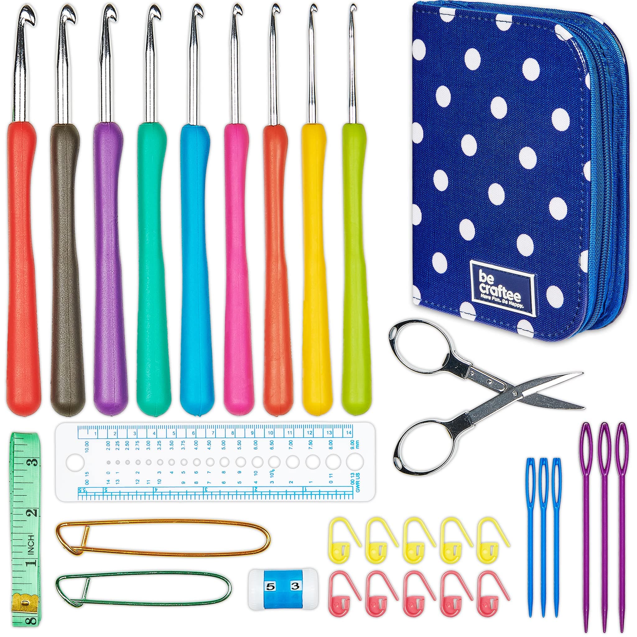 BeCraftee Crochet Hooks Kit - 31 Piece Set with 9 Ergonomic Hook Sizes, 6 Yarn Needles, Additional Knitting & Crochet Supplies and Carrying Case
