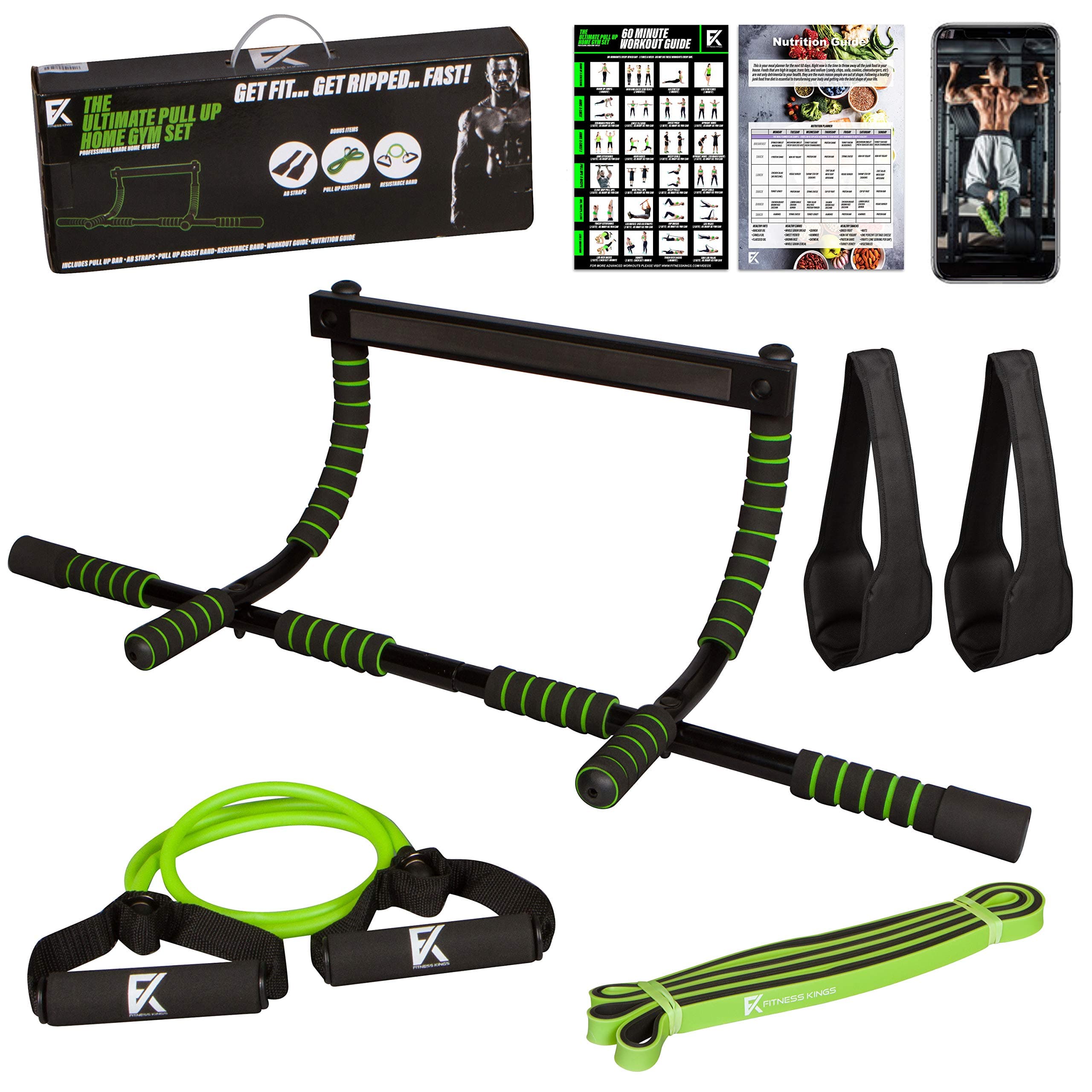 The Ultimate Pull Up Bar Set - 4 in 1 Door Chin Up Bar, Pull Up Assist Band, Ab Straps, Resistance Bands Home Gym Set w/Workout Program