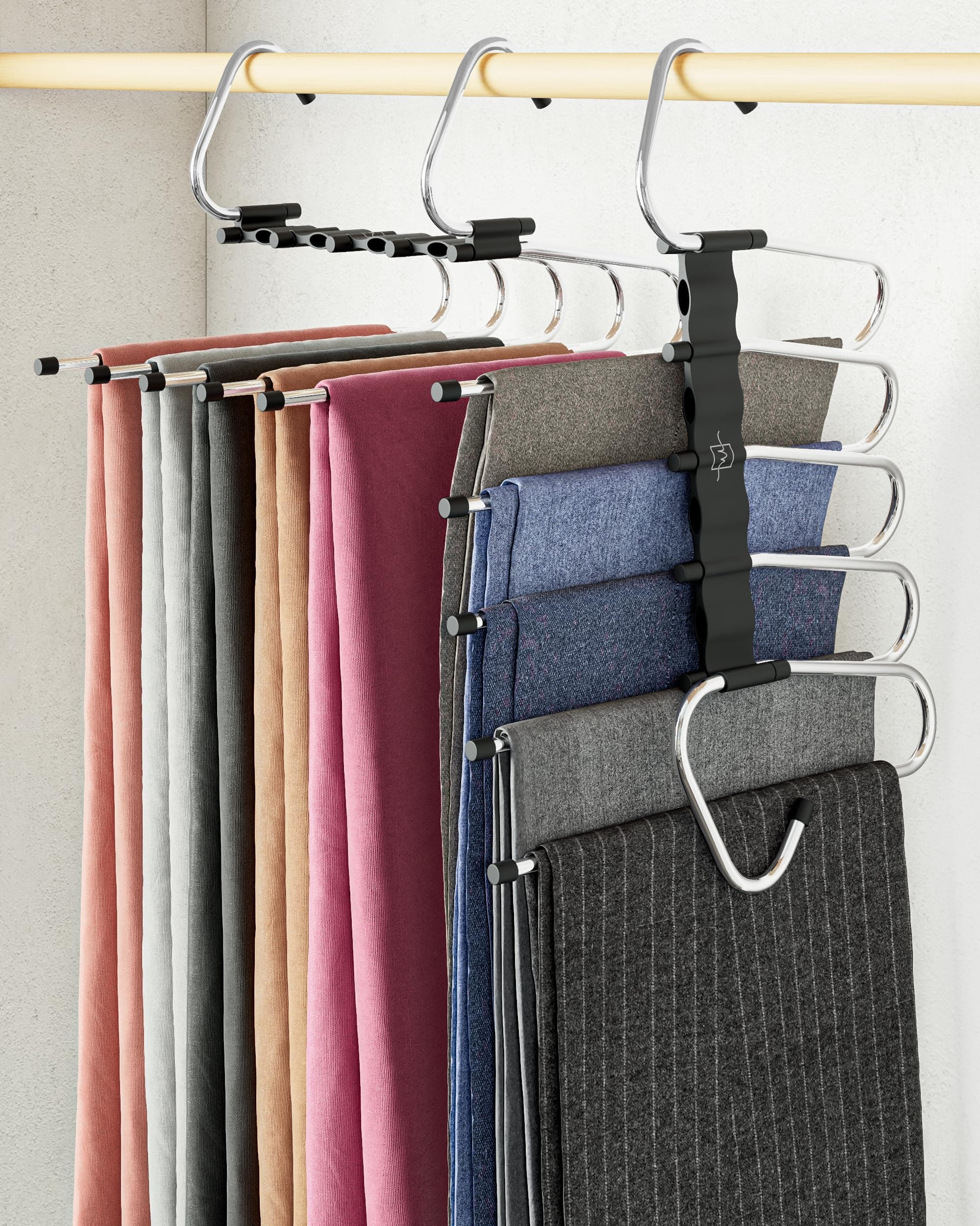 MORALVE Pants Hangers Space Saving - 2 Pack - Non-Slip Multi-Layer Space Saving Hangers - Multifunctional Clothing Rack for Closet Storage - Ideal for Jeans, Trousers, Skirts, Scarves & Slacks (Black)