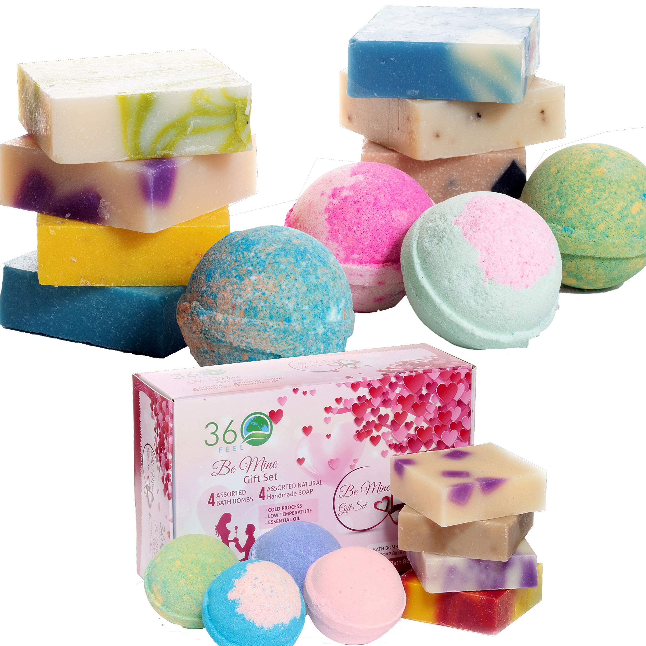 360Feel Be Mine- 4 Bath Bombs Plus 4 Handmade Soap Gift Set- Essential Oil-Organic Bath Bomb Gifts for her, Men, Women- Gift Ready Box