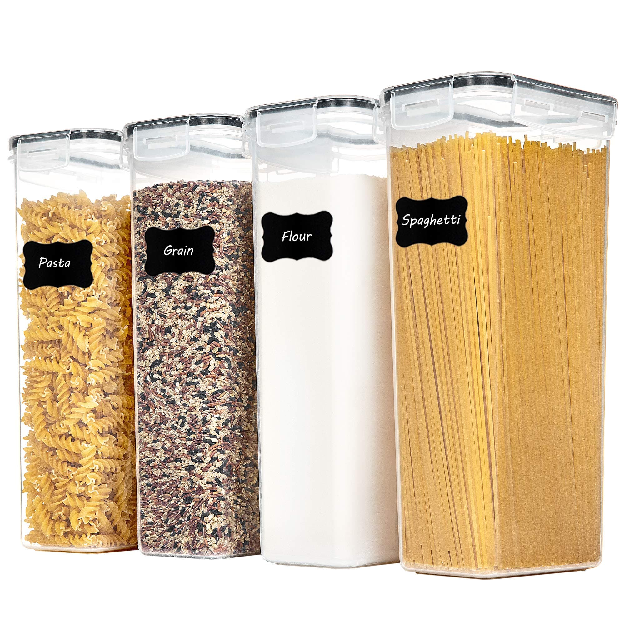 Airtight Food Storage Containers With Lids, 4 PCS 2.8L Pasta Containers for Pantry Organization and Storage, BPA Free Kitchen Storage Containers for Spaghetti, Flour, Sugar and Noodles, Black