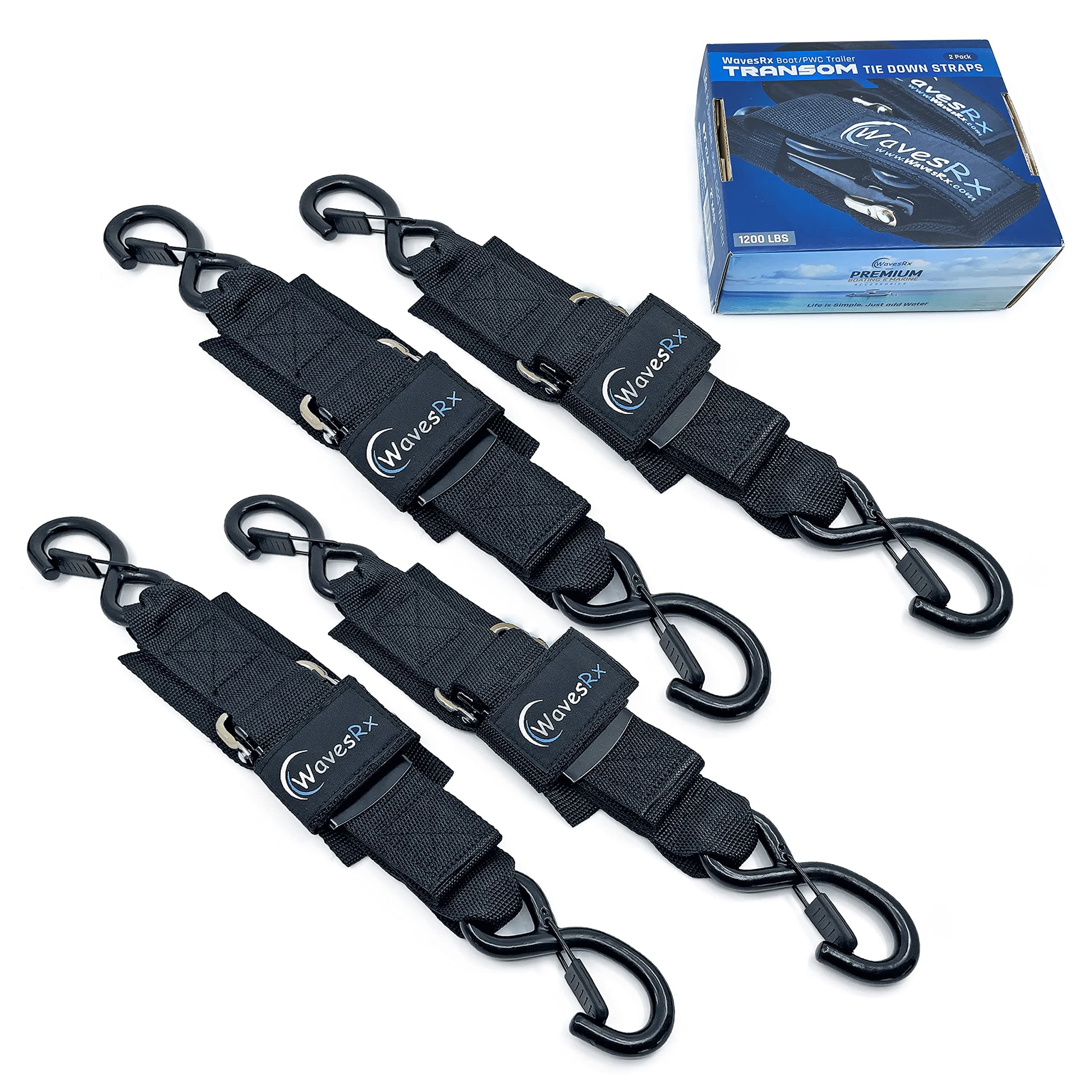 WAVESRX Marine Boat Trailer Transom Tie-Down (4 Pack) | Adjustable 2"x24" Safety Straps | 1200 LBS Capacity to Securely Transport Boats, Jet Skis and Other PWC
