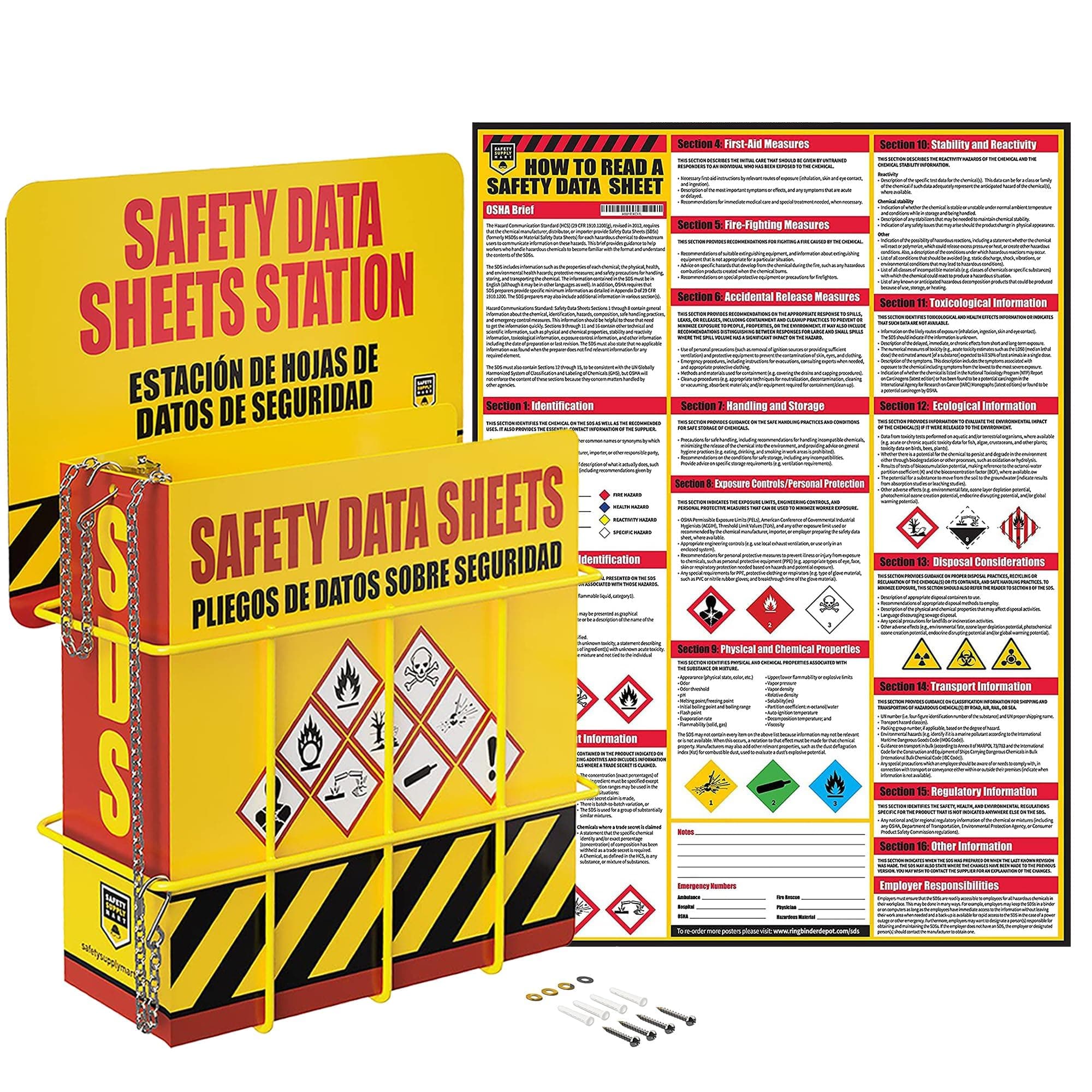 Ring Binder Depot SDS Display Rack -Set with 3 Inch Heavy Duty Wire Rack, SDS Station Sign, Chain, Mounting Hardware, SDS Poster Included