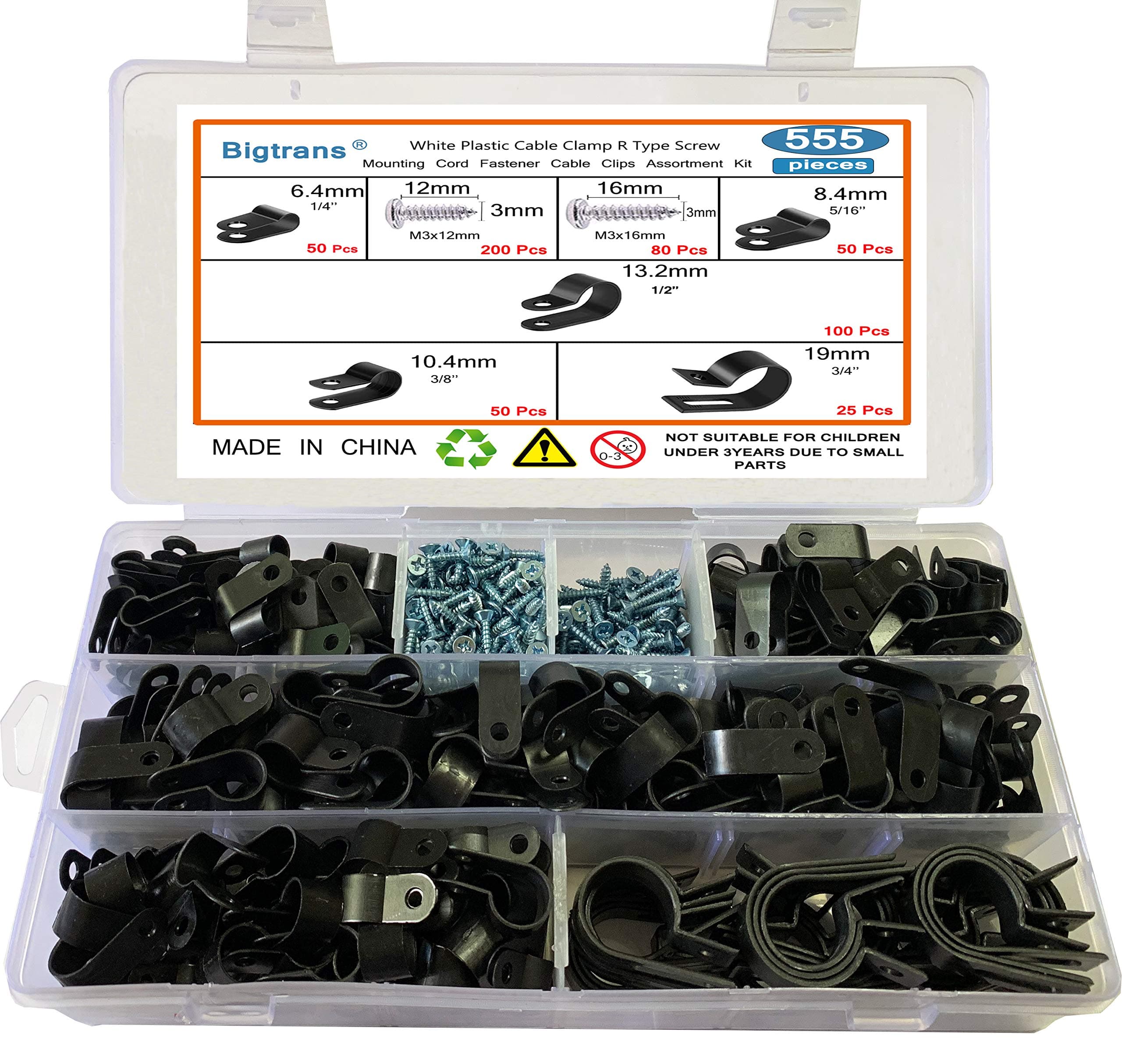 Cable Clamps,Bigtrans 555 Pcs Nylon Plastic R-Type Cable Clamps with Screws 1/4" 5/16" 3/8" 1/2" 3/4" Clips Fasteners Assortment for Cable Conduit -5 Size -Black