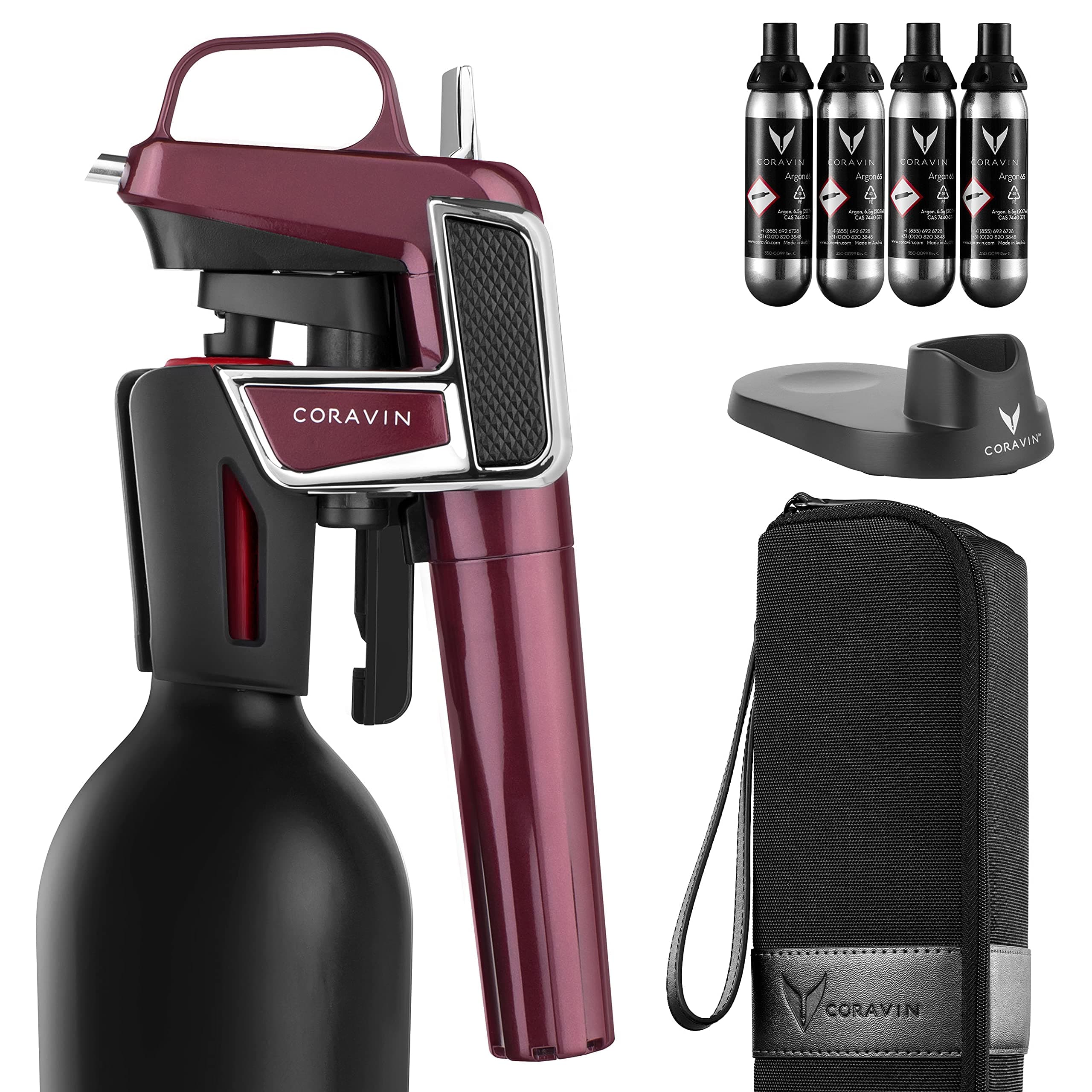 Coravin Model Two Elite Pro — Wine Preservation System — Bottle Opener, Needle Pourer, Aerator, and Wine Saver — Burgundy — Includes 4 Argon Gas Capsules, Carry Case, Base, and Wine Needle