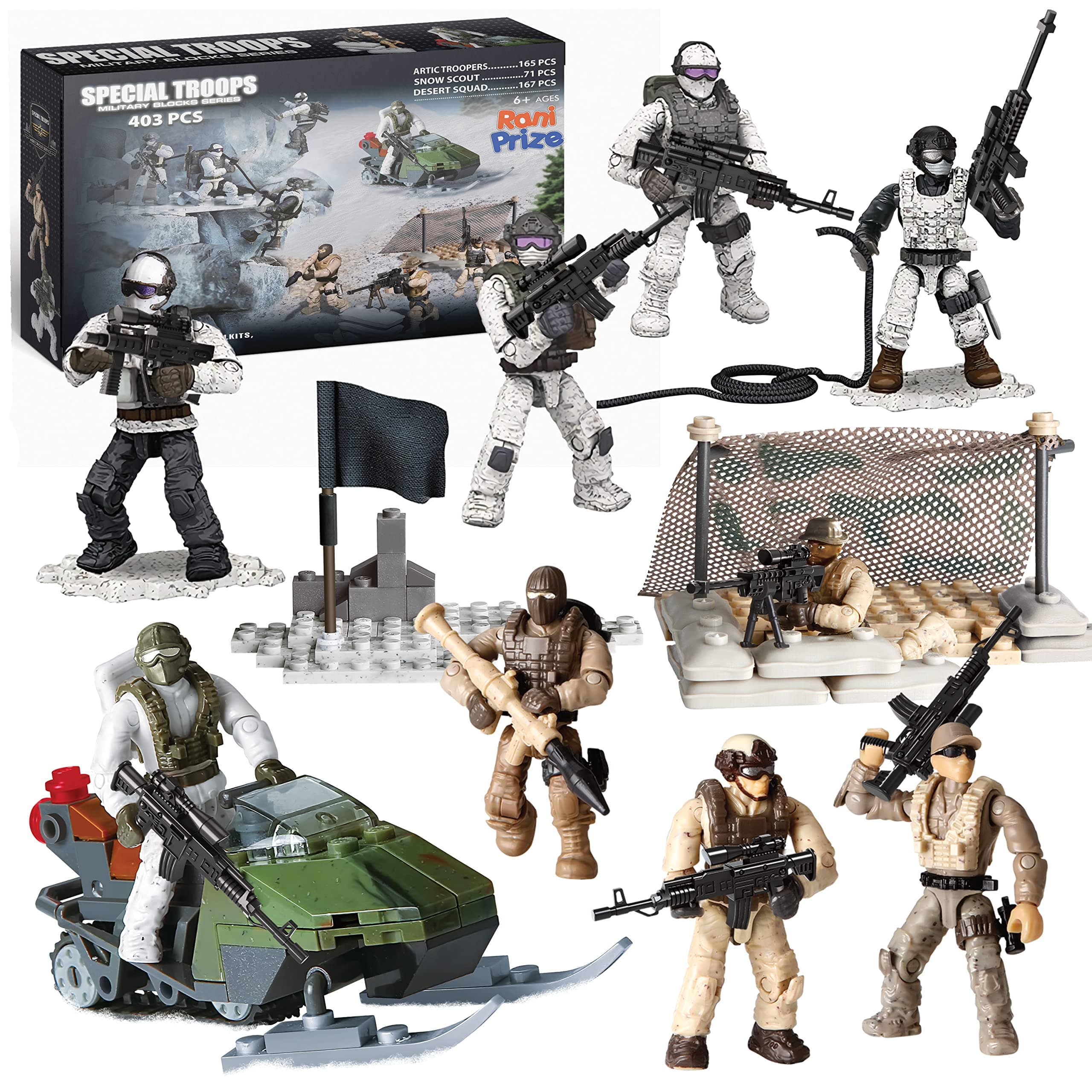 Special Forces Mini Action Figures Includes 3 Army Building Sets with 9 soldiers Arctic Troopers Snowmobile Scout Desert Squad Special Troops Toy Gifts 10+ Kids & parents - Quality Family Time 403 Pcs