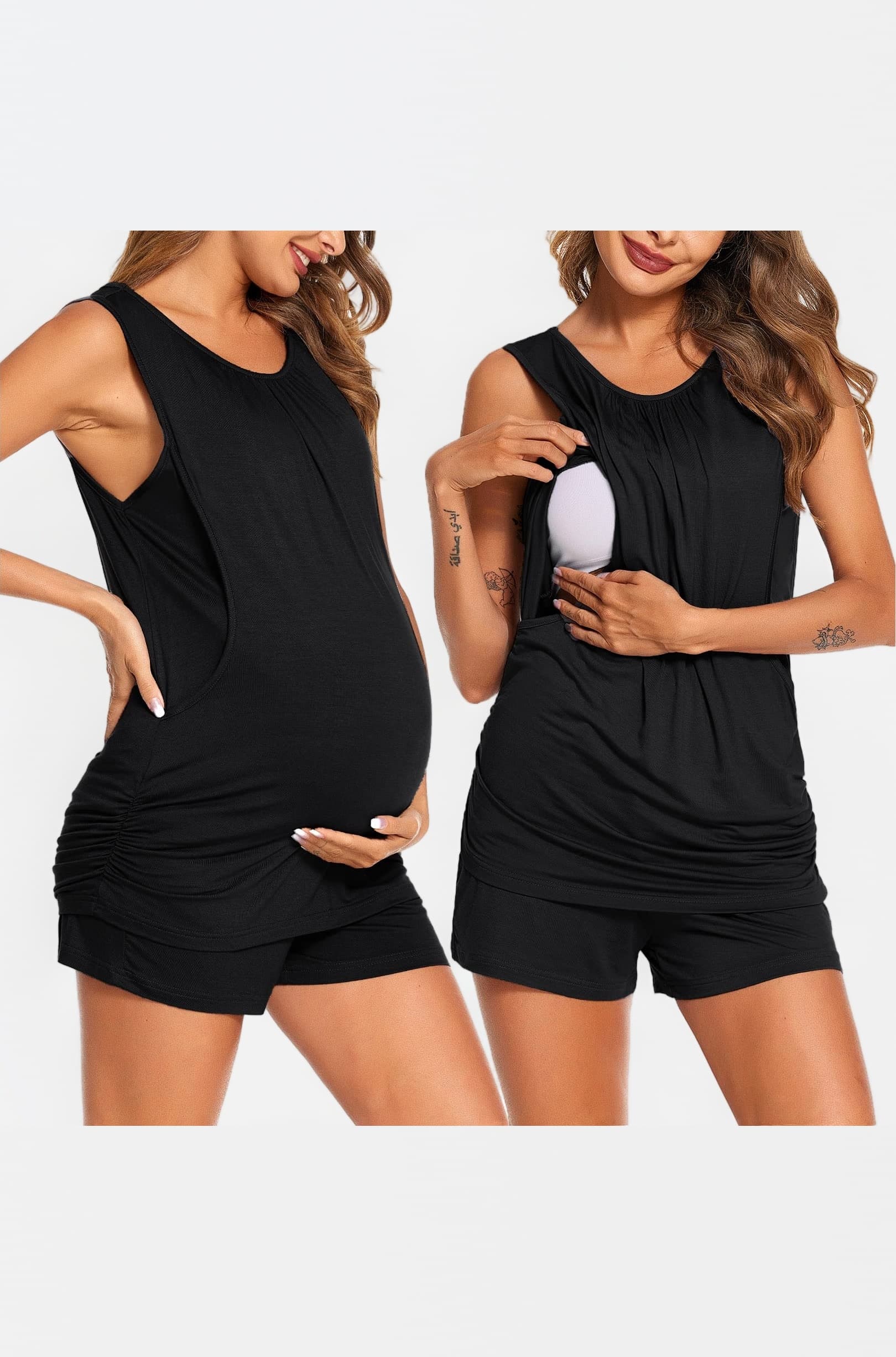 Ekouaer Women Maternity Nursing Pajama Set Breastfeeding Double Layer Pregnancy Pjs Set Sleeveless Top & Shorts with Pockets