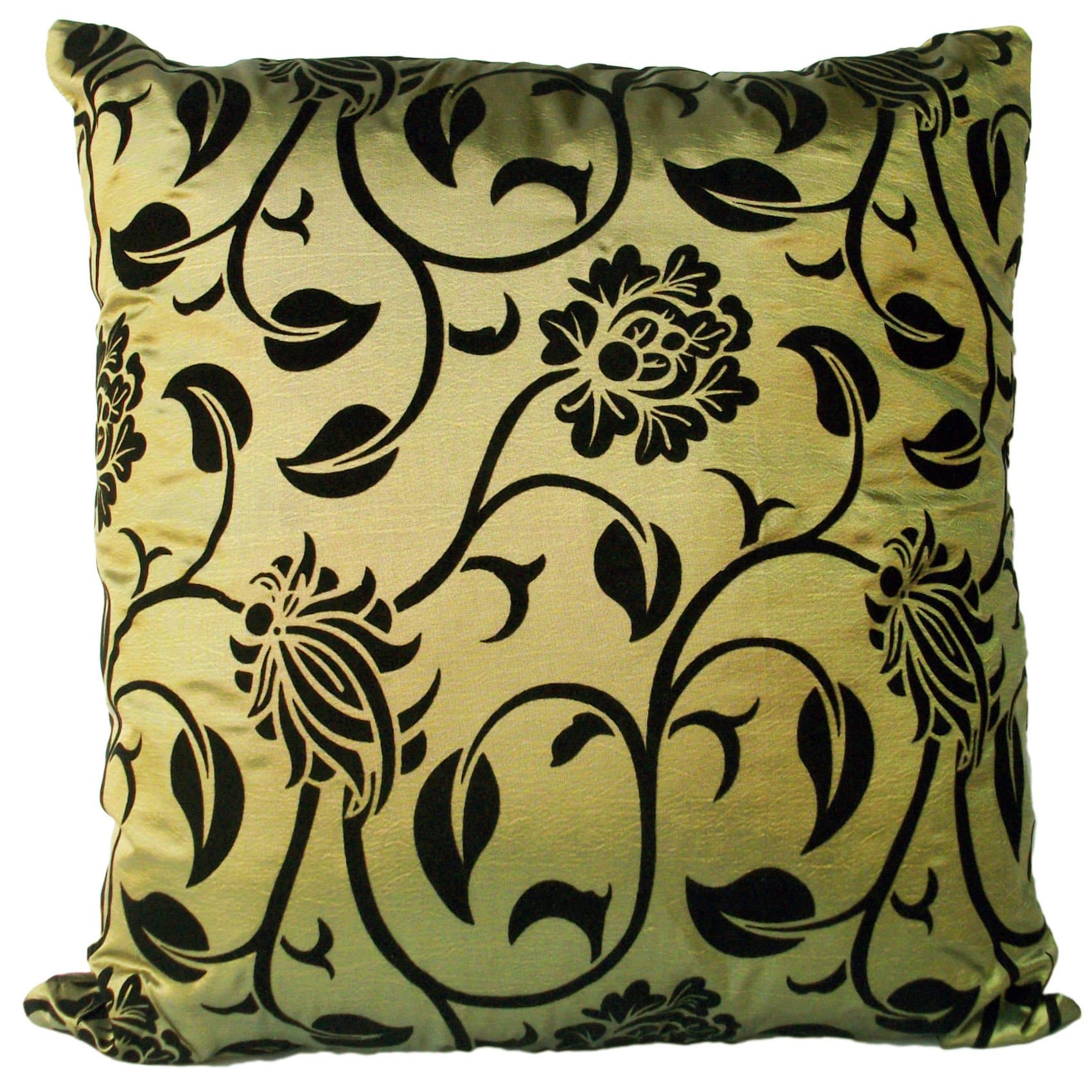 Lif Decorative Silk Square Toss Pillowcase Cushion Case Flowers Pattern Throw Pillow Cover with Invisible Zipper Closure 17 X 17 Inches (Olive & Black, Square, 1 Cover)