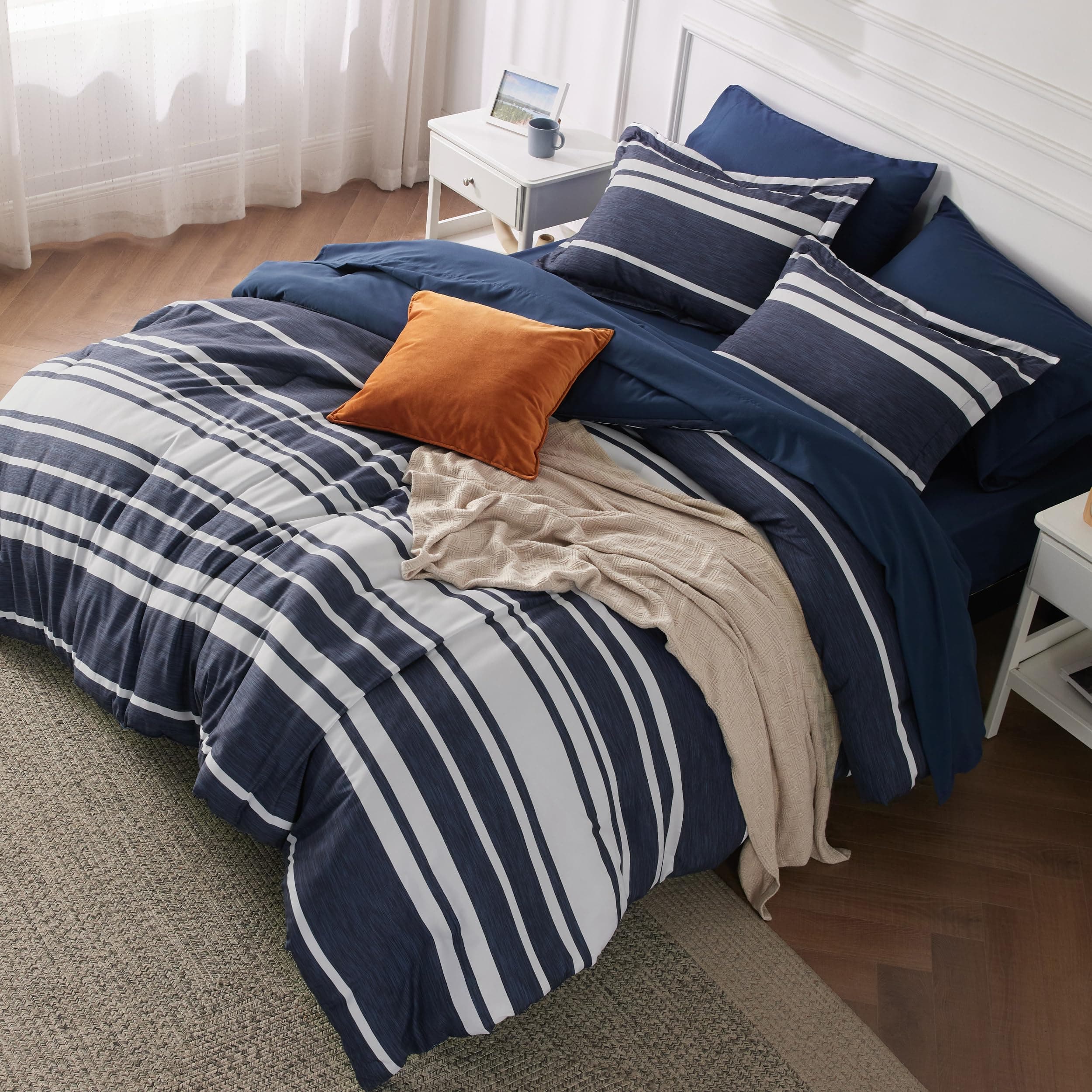 Bedsure Full Comforter Set 7 Pieces, Blue Striped Bedding Set for All Seasons, Reversible, Cationic Dyeing Bed in a Bag with Comforter, Sheets, Pillowcases & Shams
