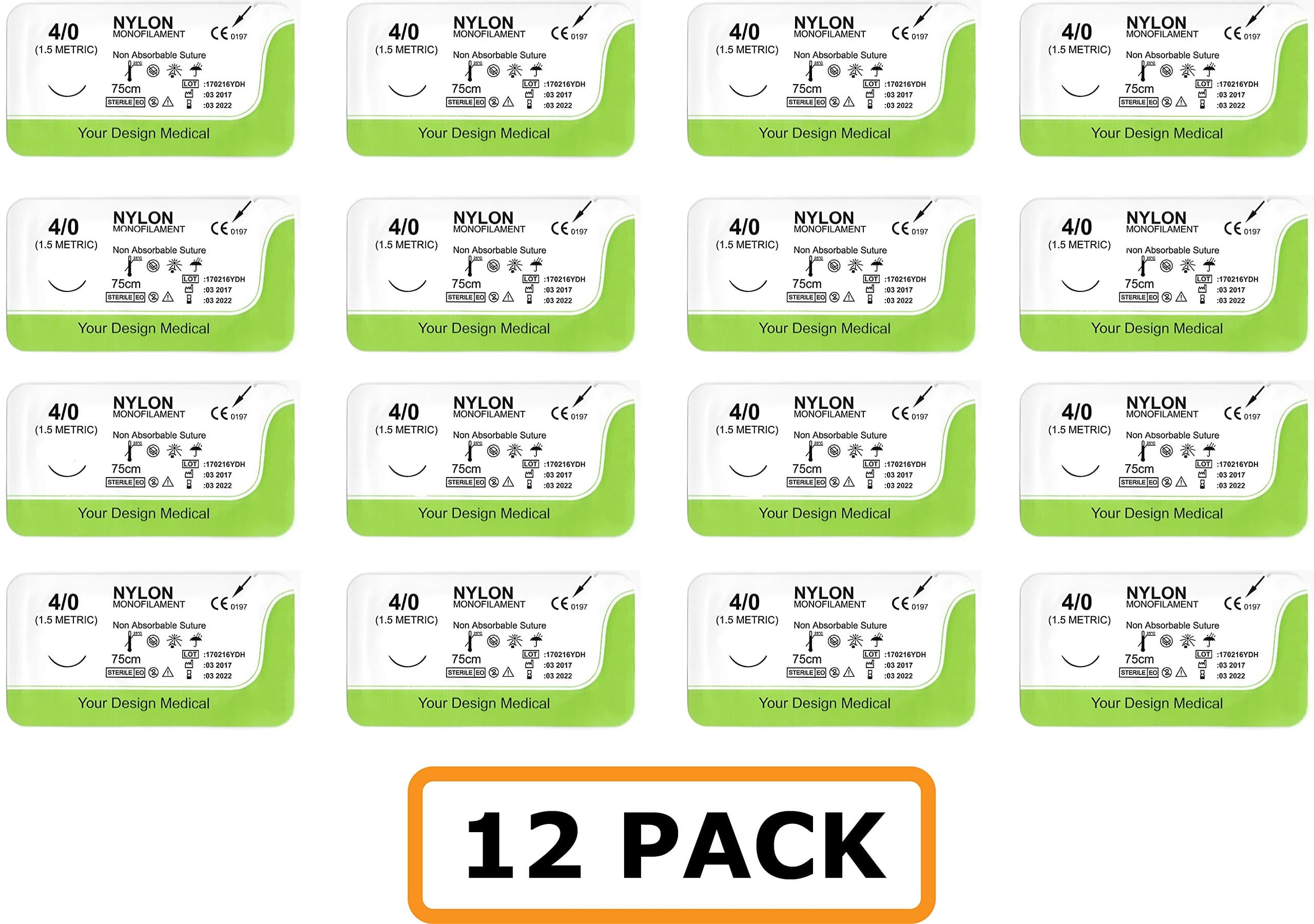 Suture Thread with Needle (Pkg of 12) Nylon 4-0 - For Practicing Suturing Doctors, Medical Students, Veterinarians, and Nurses