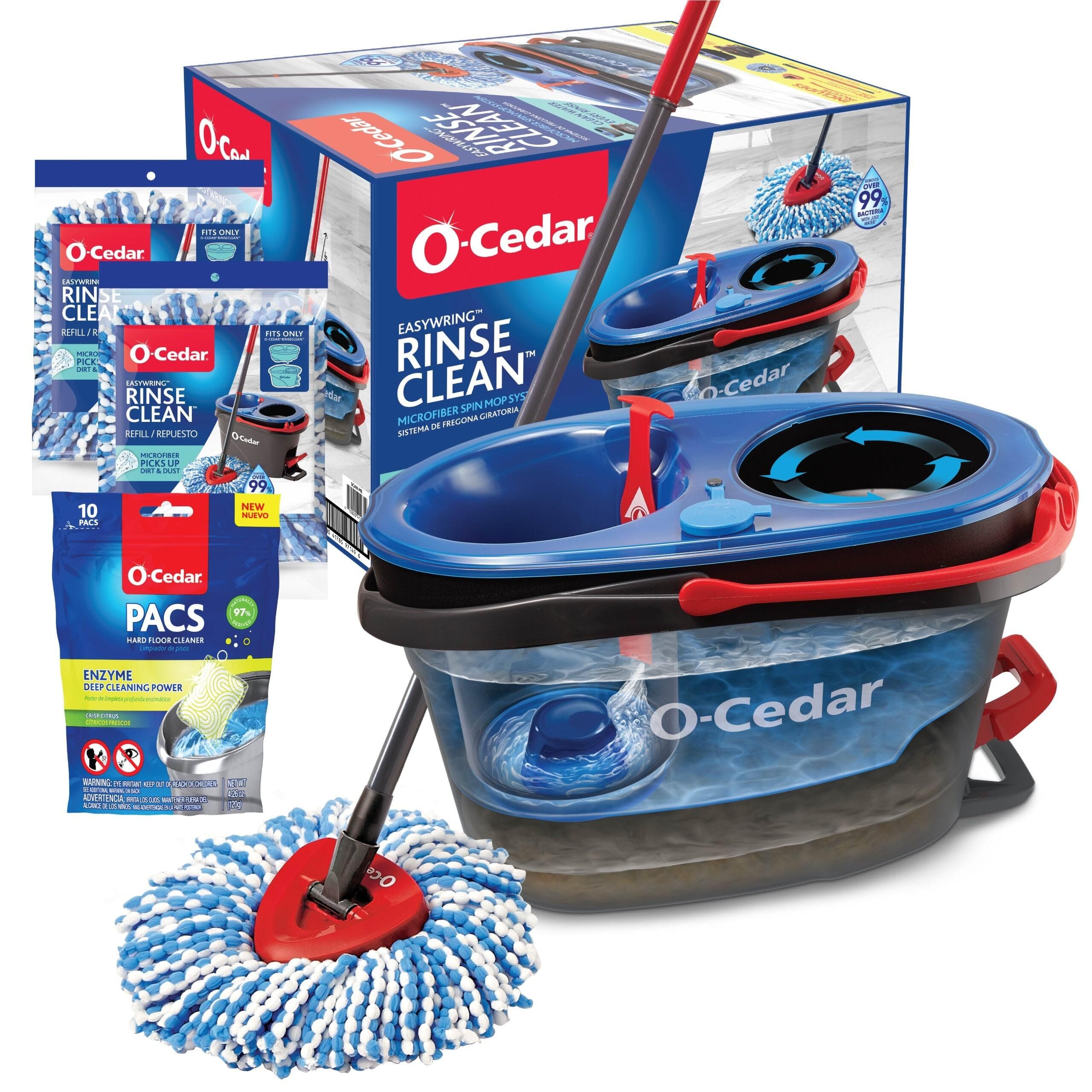 O-Cedar EasyWring RinseClean Microfiber Spin Mop & Bucket Floor Cleaning System with 2 Extra Refills with Citrus Pac (Variety Pack)