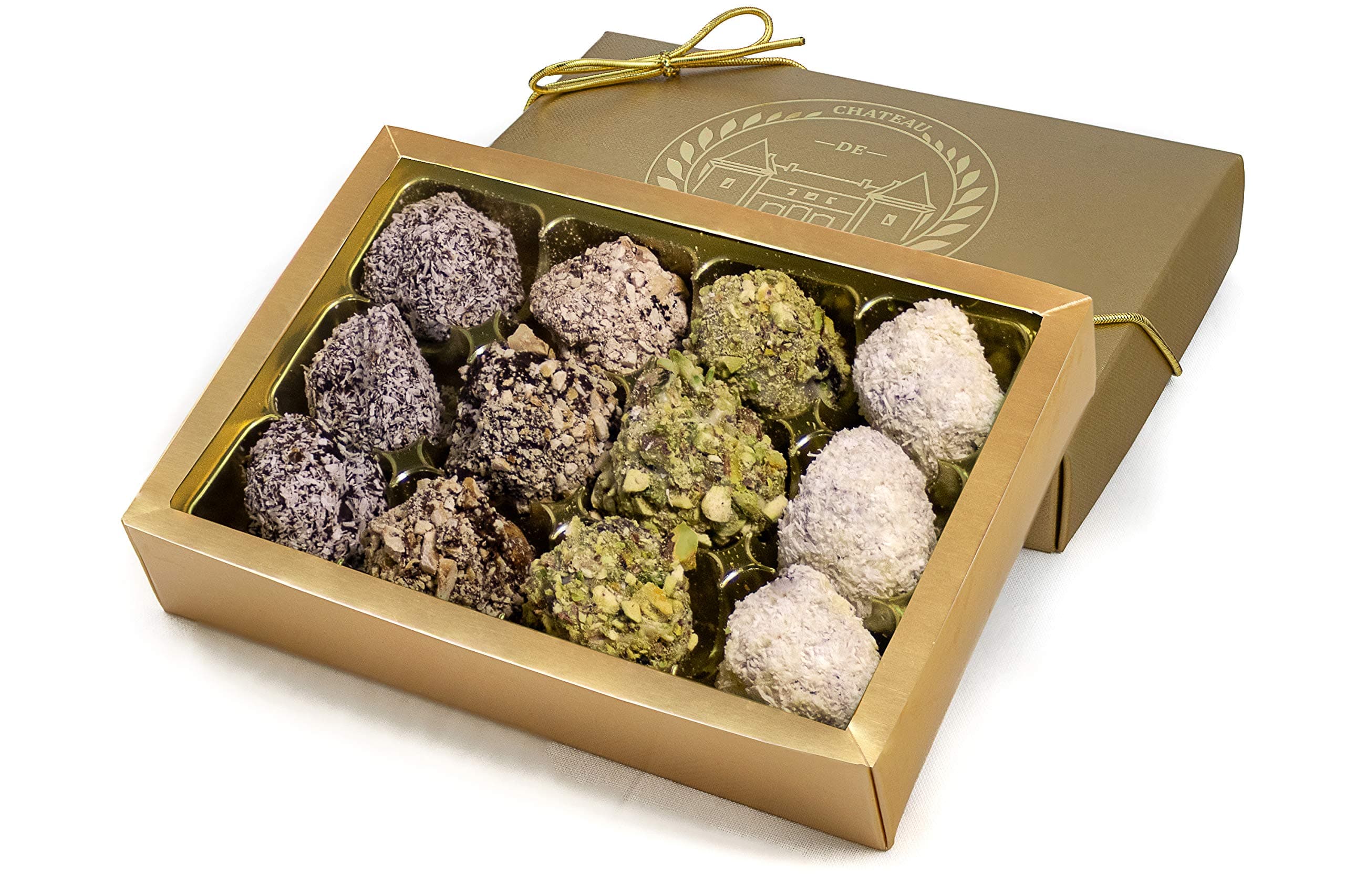 Mini Dates with Belgian Chocolate Rolled in Nuts, Almond, Hazelnut and Coconut | 12 Pieces | Chateau de Mediterranean | Gift