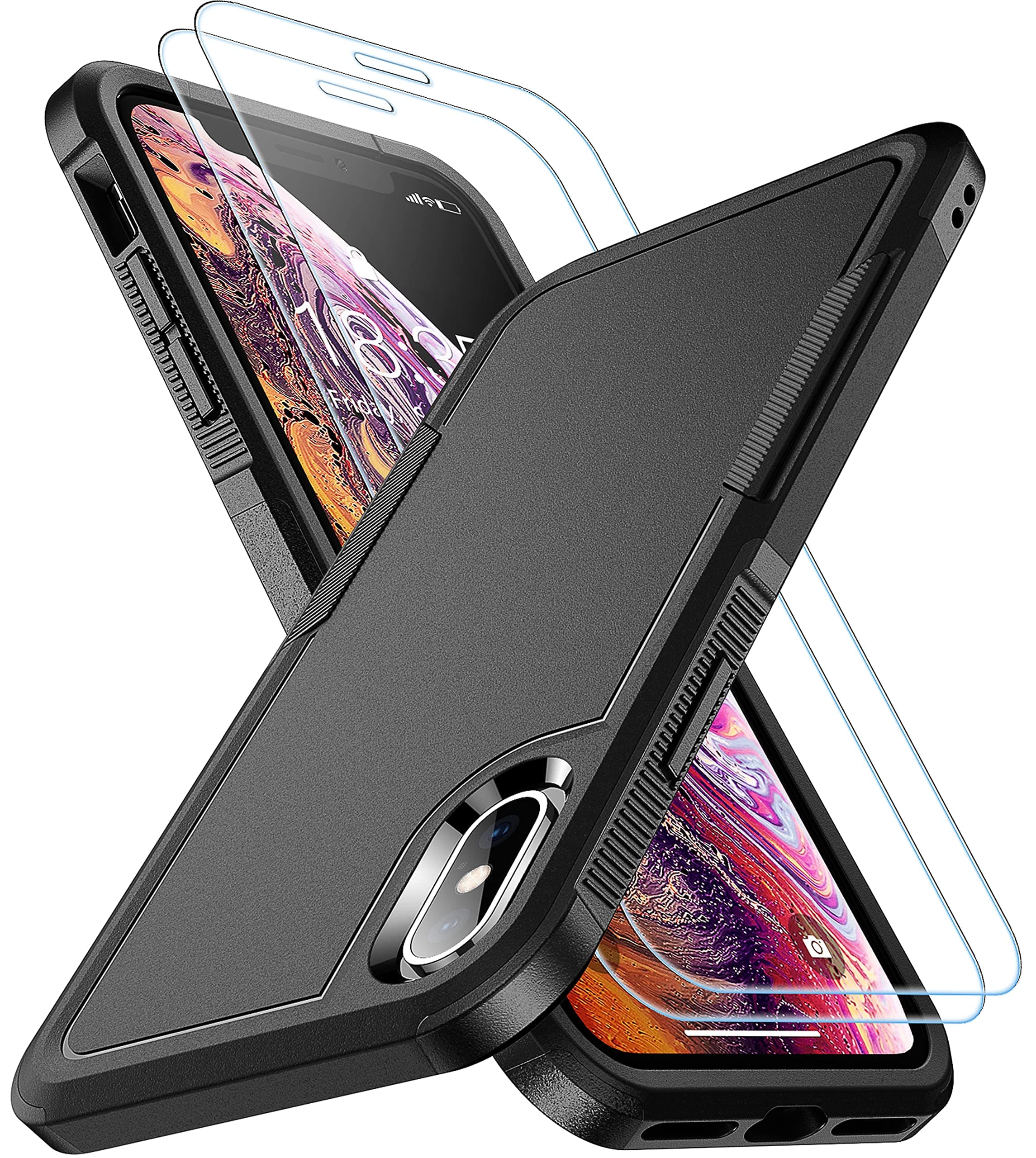 for iPhone Xs Max Case, [10 FT Military Grade Drop Protection] [Non-Slip] [2 pcs Tempered Glass Screen Protector] Shockproof Airbag Cushion Protective Case for iPhone Xs Max 6.5” (Black)