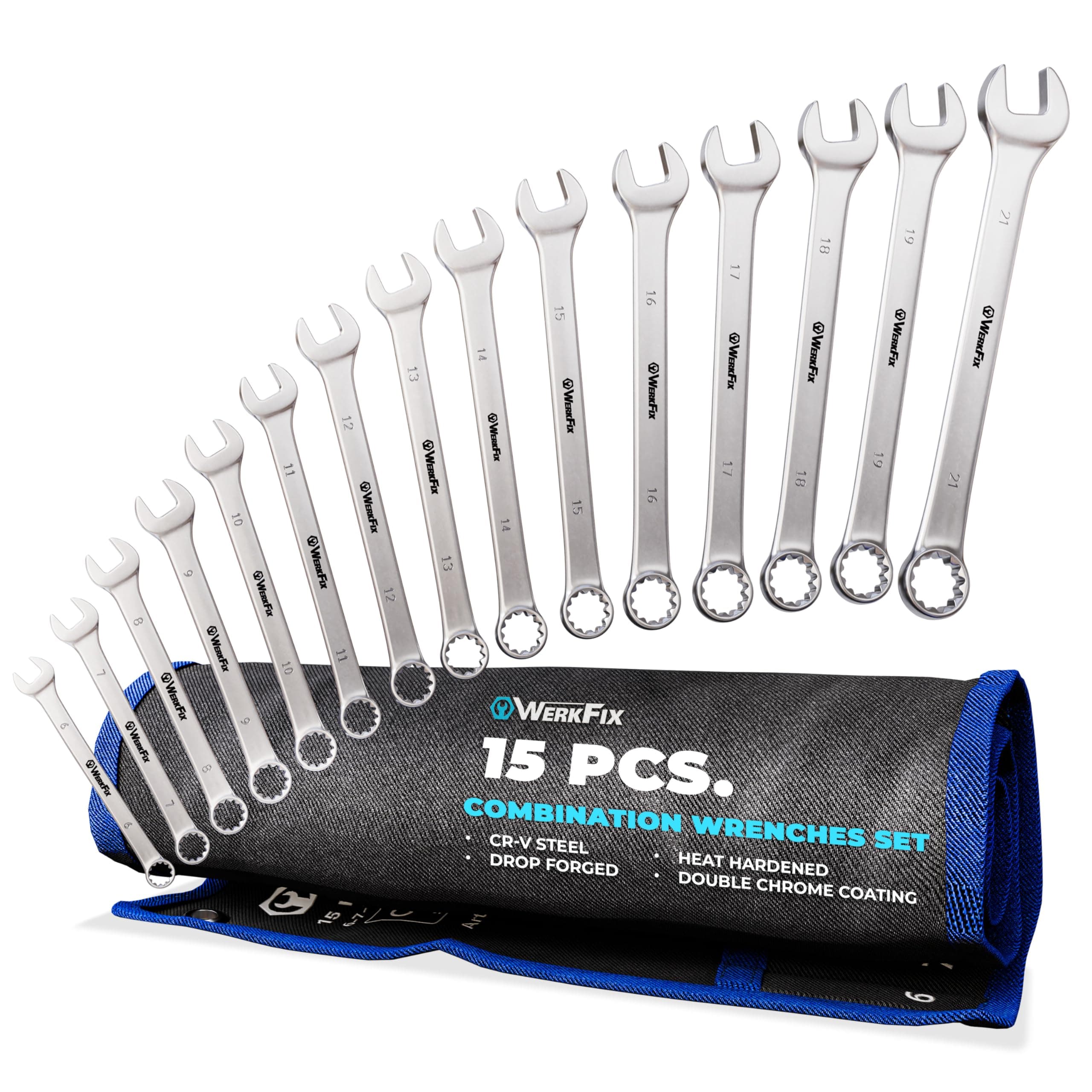 S&R WERKFIX Professional Metric Combination Spanner Set (Set of Spanners) 15 pcs 6–21 mm – Thin Ring Spanner for Bike & Garage | CRV Steel | Roll-Up Bag