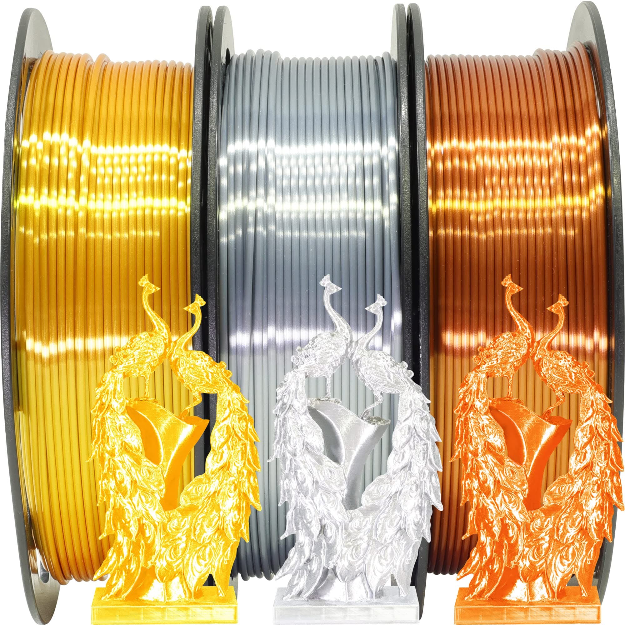 Shiny Silk Gold Silver Copper 1.75mm 3D Printer PLA Filament Bundle, Each Spool 0.5kg, 3 Spools Pack, with One 3D Printer Remove Tool MIKA3D