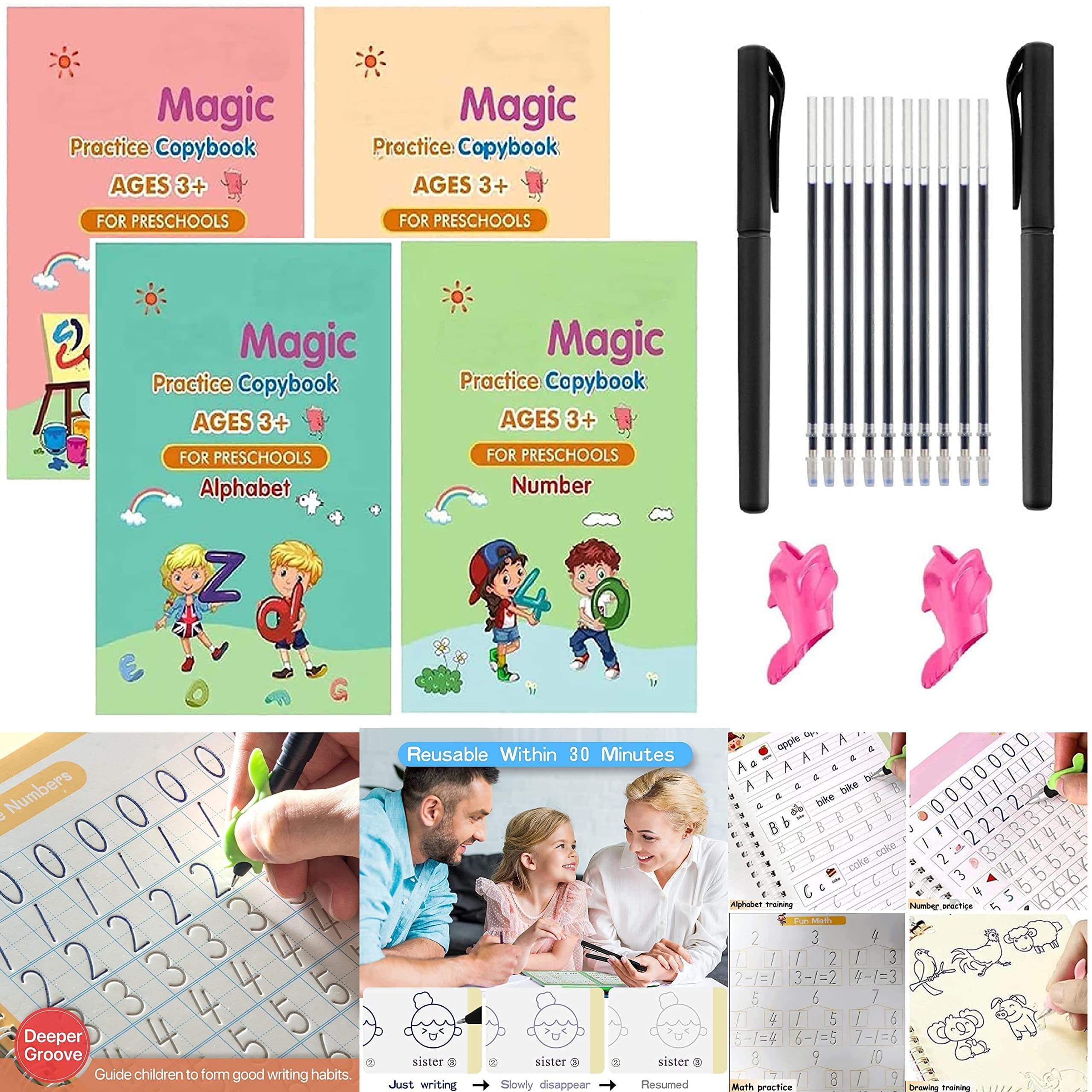 Sank Magic Practice Copybook, (4 Book + 10 Refill) Number Tracing Book for Preschoolers with Pen, Magic Calligraphy Copybook Set Practical Reusable Writing Tool