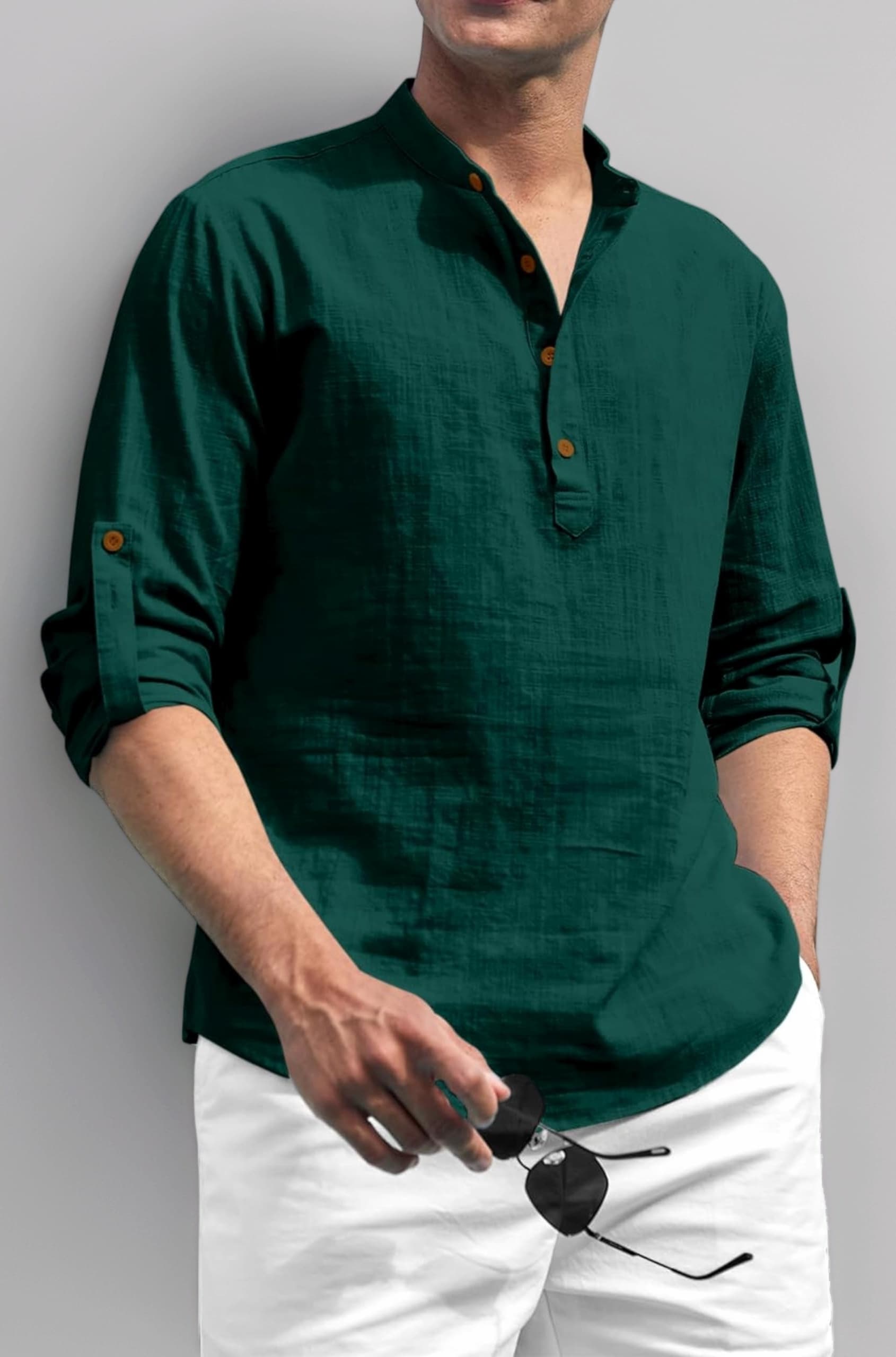 Zombom Cotton Polyester Blend Solid Casual Regular Fit Mandarin/Chinese Collor Short Kurta for Men