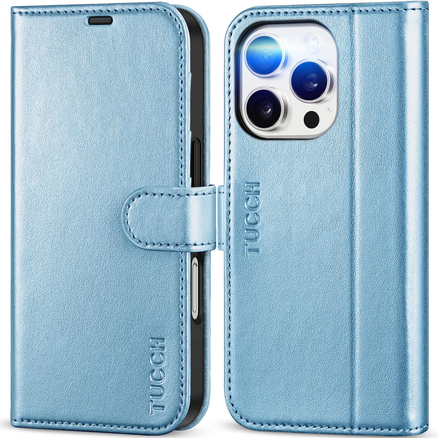TUCCH Case Wallet for iPhone 16 Pro Max, [RFID Blocking] 4 Card Slot Kickstand [Protective TPU Inner Shell] PU Leather Magnetic Flip Cover Compatible with iPhone 16 Pro Max, Shiny Light Blue