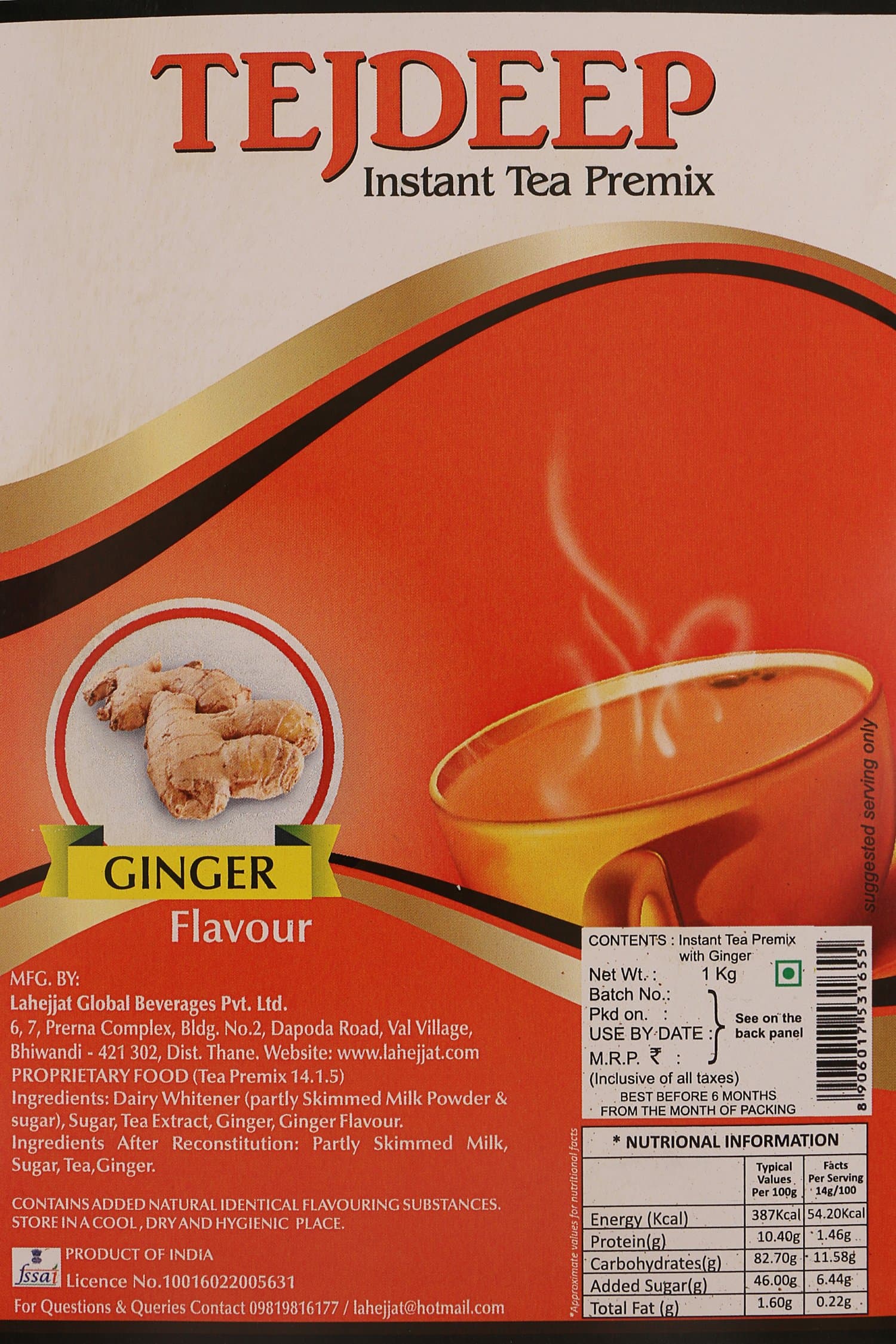 Tejdeep Ginger Flavour Instant Tea Premix, 1000 g