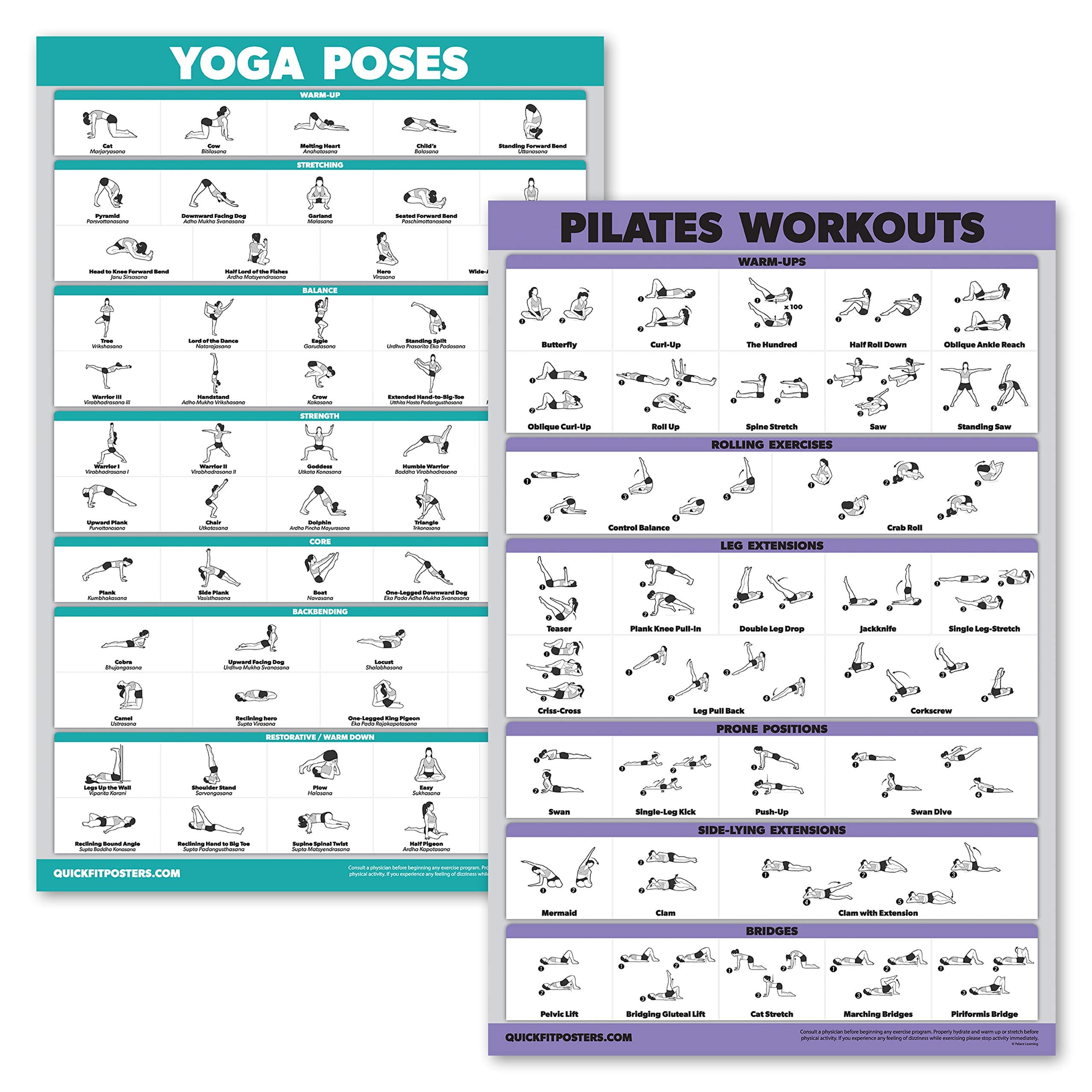 QUICKFIT 2 Pack - Yoga Poses & Pilates Mat Work Exercise Poster Set - Set of Two (LAMINATED, 18" x 24")