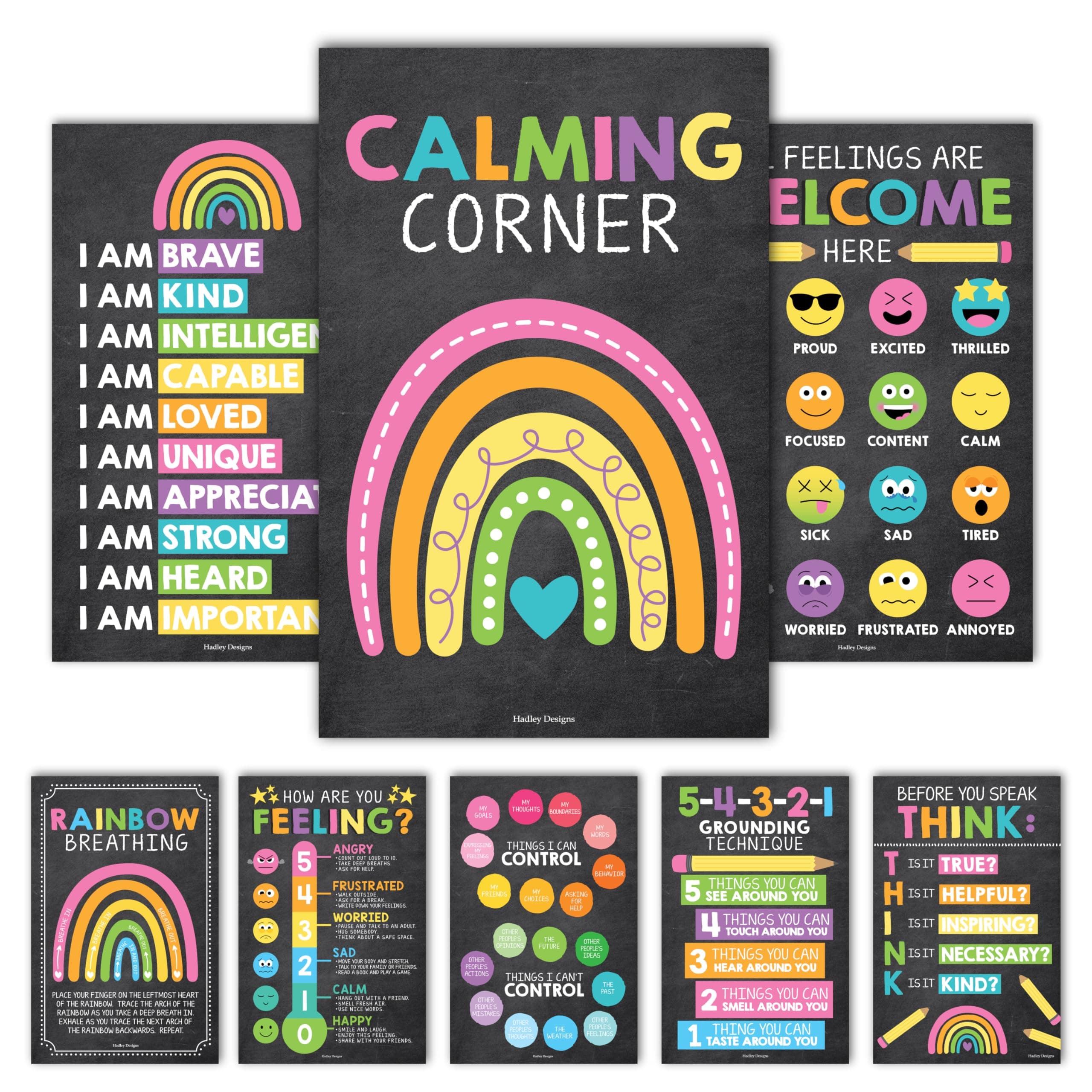 Hadley Designs Calming Corner Posters for Classroom Decor -8 Calm Down Corner Supplies Classroom Must Haves, 11x17 Feelings & Emotions Chart for Kids, Chalk Mental Health Posters for School Counselors