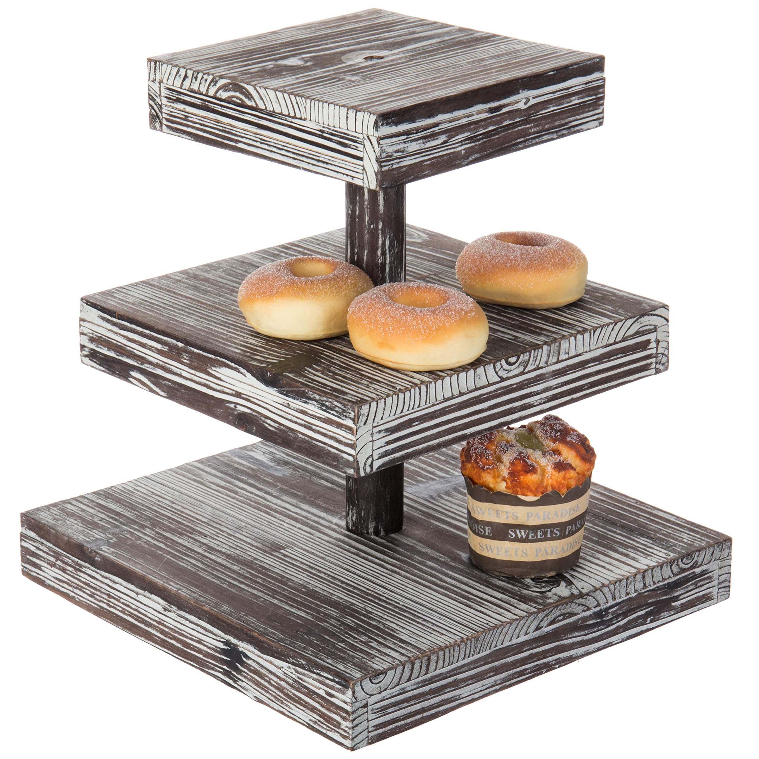3 Tier Rustic Torched Wood Square Cupcake Tower and Cake Stand, Tiered Wooden Dessert Serving Tray, Appetizer Display Riser, Tea Party Table Decor