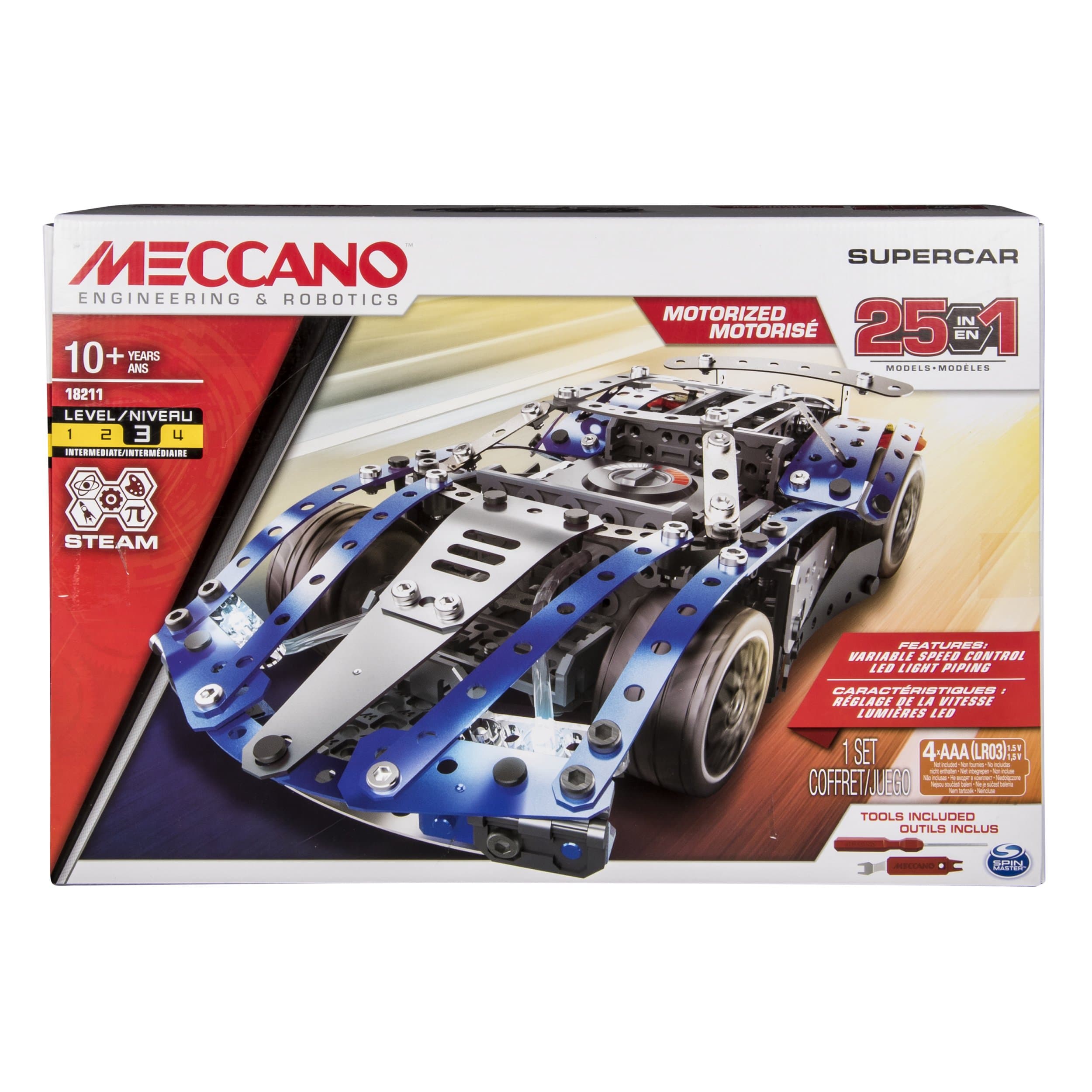 MECCANO by Erector – 25-Model Supercar S.T.E.A.M. Building Kit with LED Lights, for Ages 10 and Up