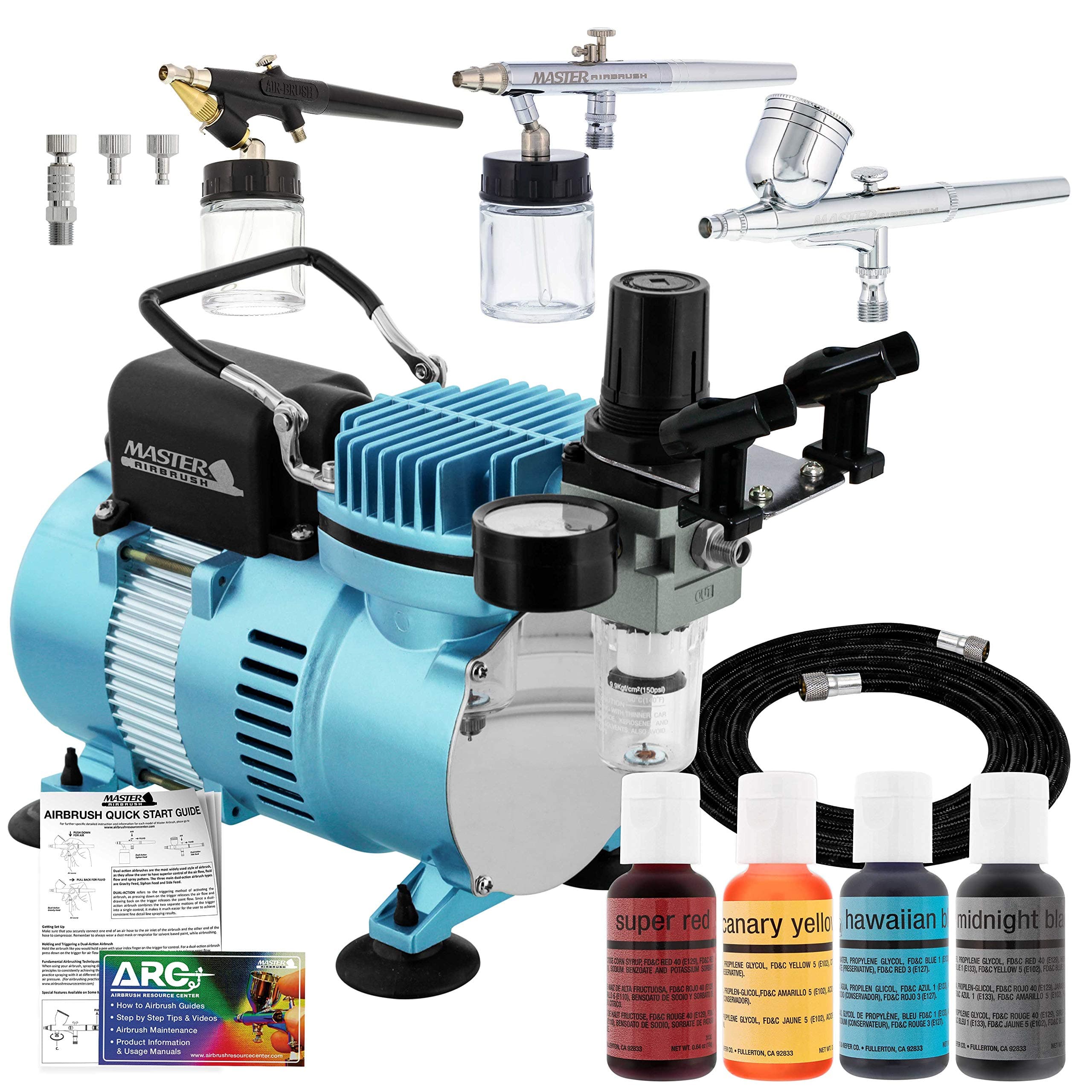 Cake Airbrush Decorating Kit with Cool Runner II Air Compressor, 3 Airbrushes, Gravity and Siphon Feed, 4 Color Food Coloring Set, How-to Guide, Hose - Air Brushing for Cookies, Cakes