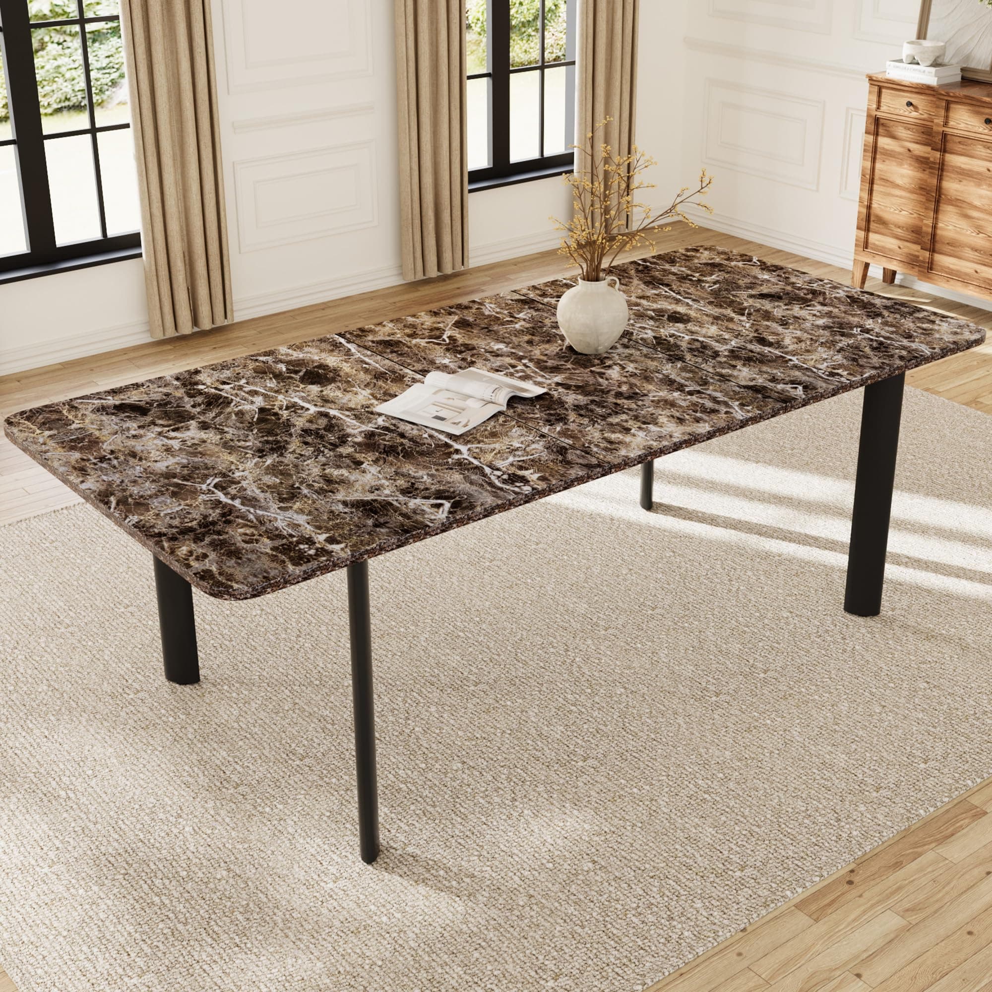 Extendable Dining Table for 6-8 People, 63 to 78.7 Inch Rectangular Table, Brown MDF with Sturdy Metal Legs, Space-Saving for Dining Room, Kitchen, Small Spaces