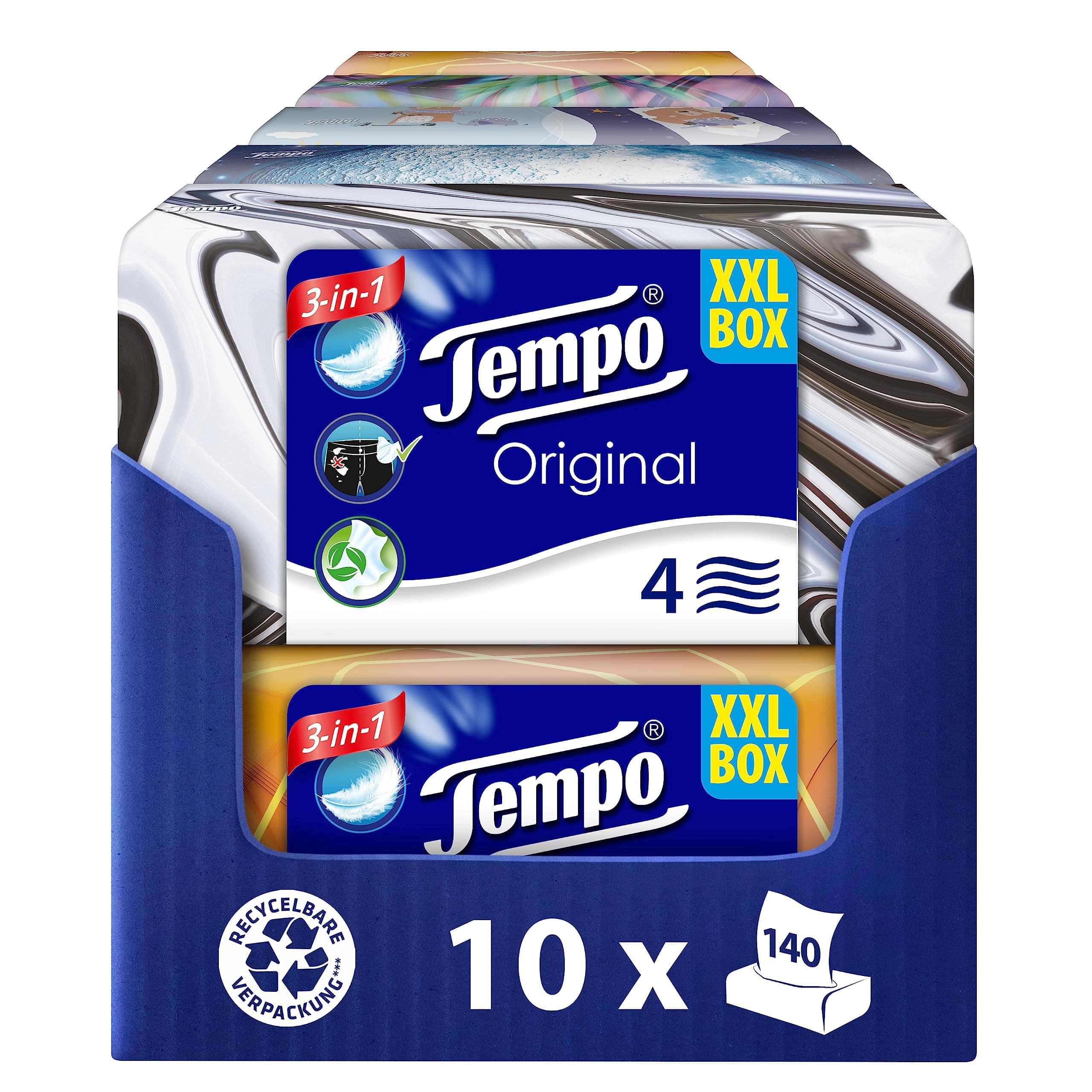 Tempo XXL Tissue Box - Value Pack - 10 Boxes, 140 Tissues per Box - Extra Strong, Soft Paper Handkerchiefs, Machine Washable