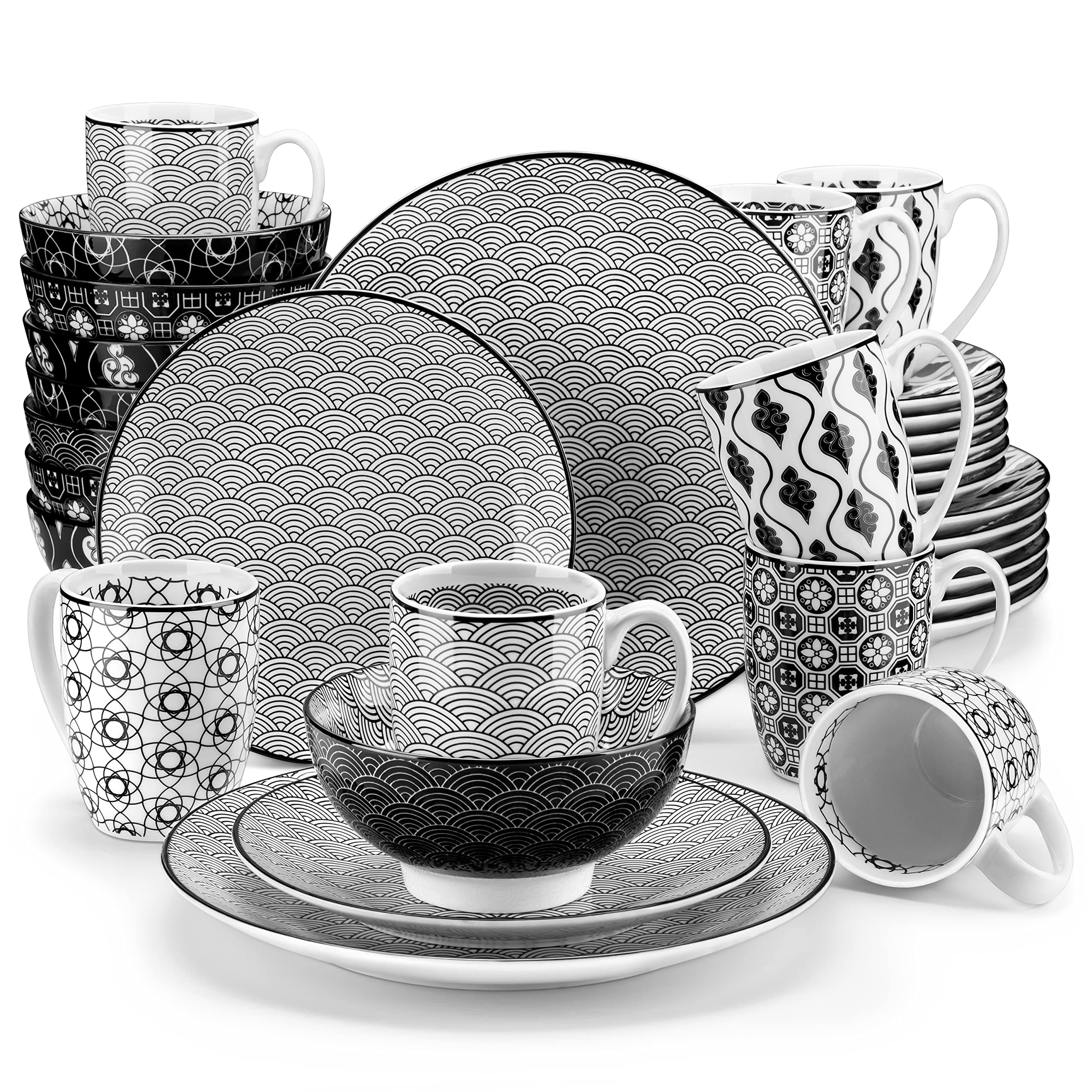 vancasso Haruka 32 Pieces Ceramic Dinnerware Sets, Porcelain Patterned Service For 8 with Cups Bowls Dessert Dinner Plates, Black and White