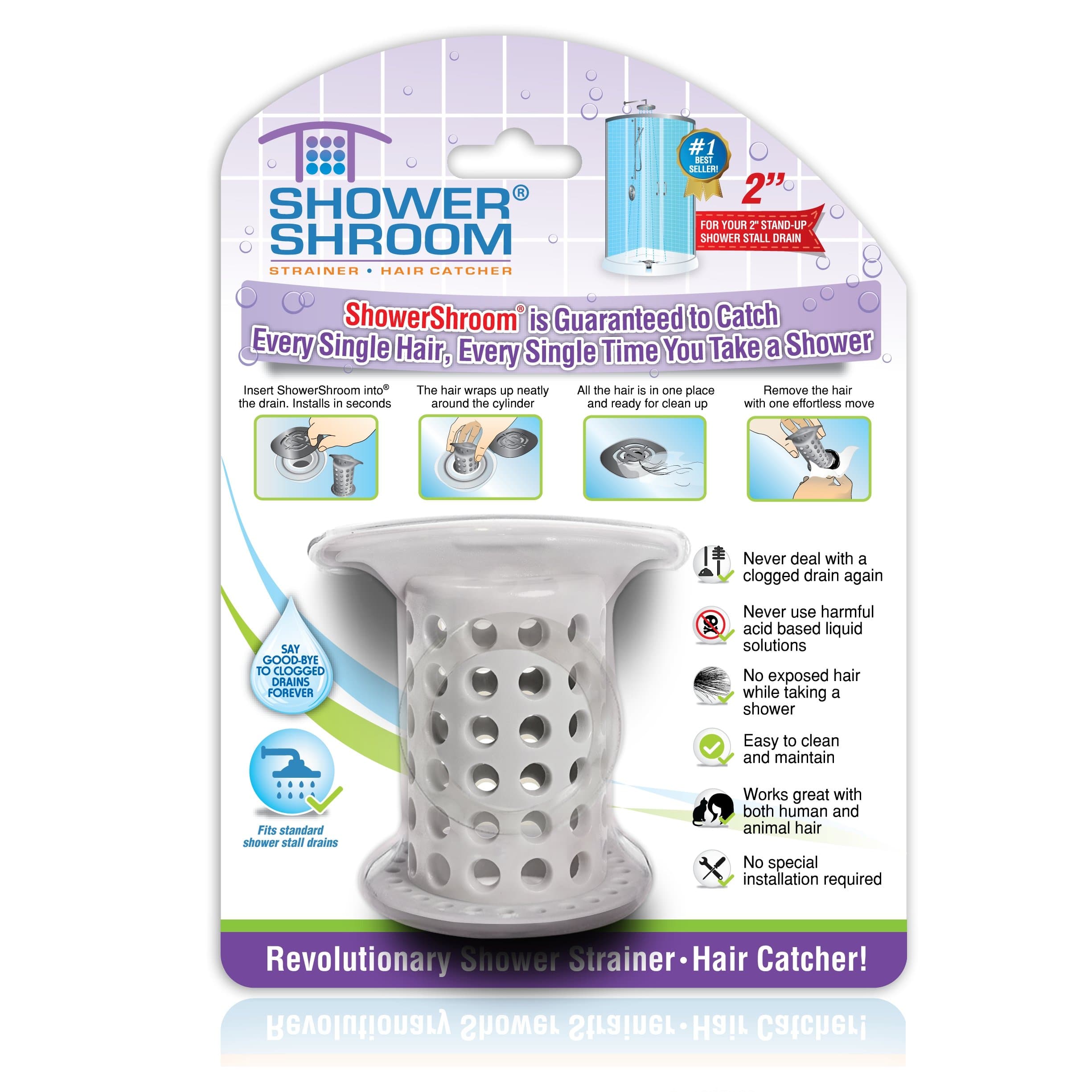 ShowerShroom the Revolutionary 2" Stand-Up Shower Stall Drain Protector Hair Catcher/Strainer, Gray , 1 Count ( Pack of 1)
