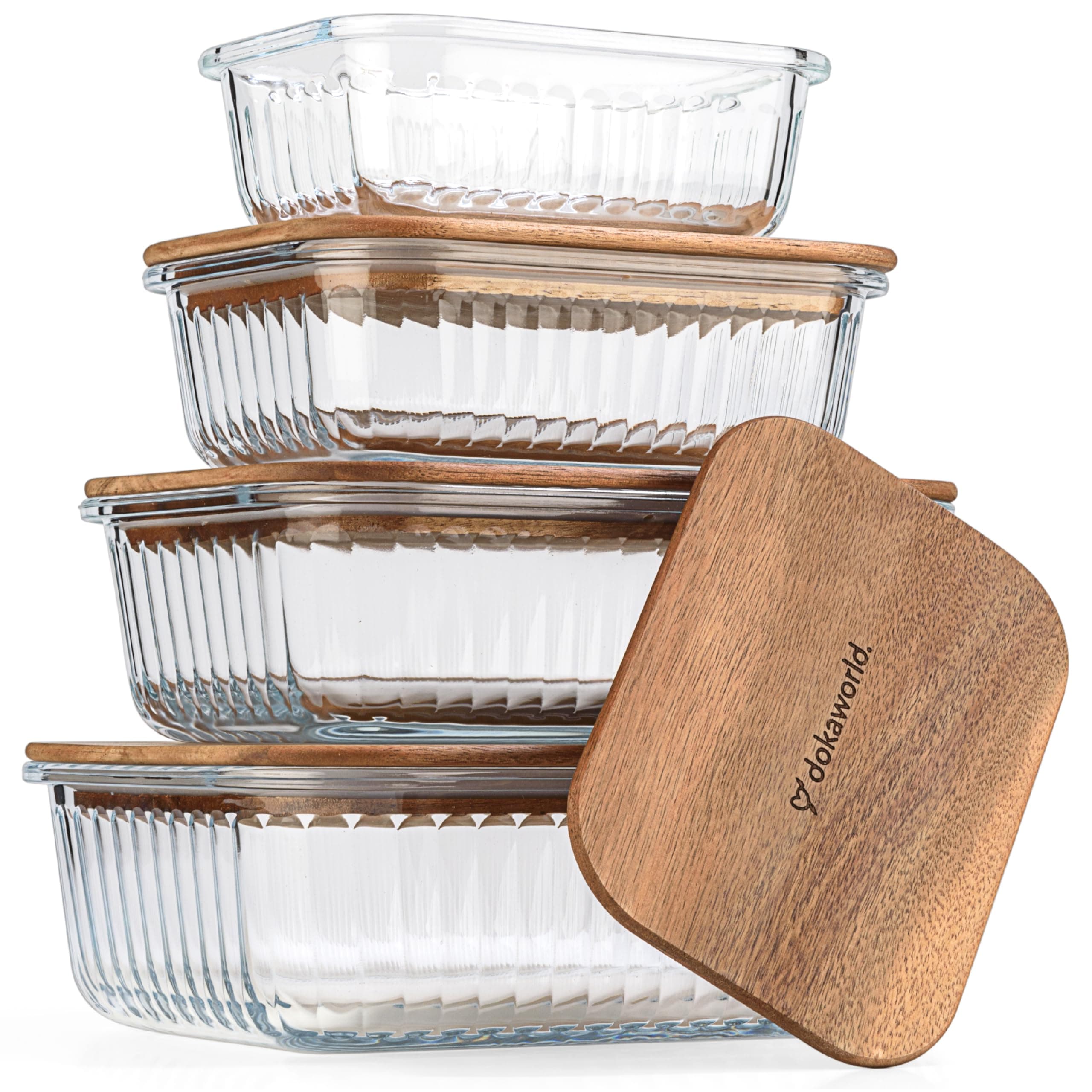 Set of 4 Stackable Space-Saving Nesting Glass Bowls with Airtight Acacia Lids for Lunch, Meal & Food Prep - Microwave & Oven-ready BPA Free Durable Heat Resistant Inert Borosilicate Glass