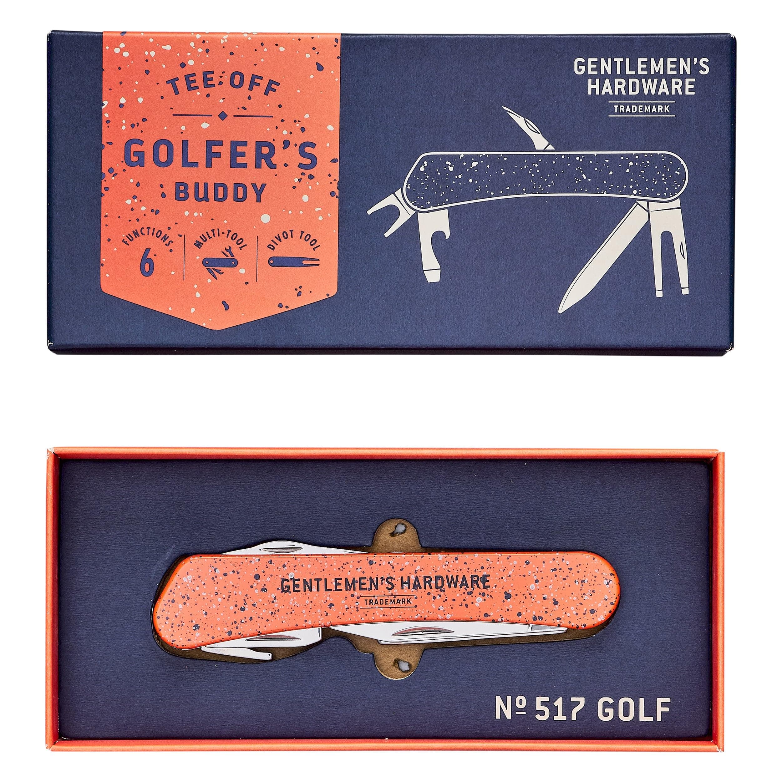 Gentlemen's Hardware Golf Multi Tool, GEN517, Includes Bottle Opener, Corkscrew, Screwdriver and More. Colour: Orange and Navy - Speckled Paint Design.