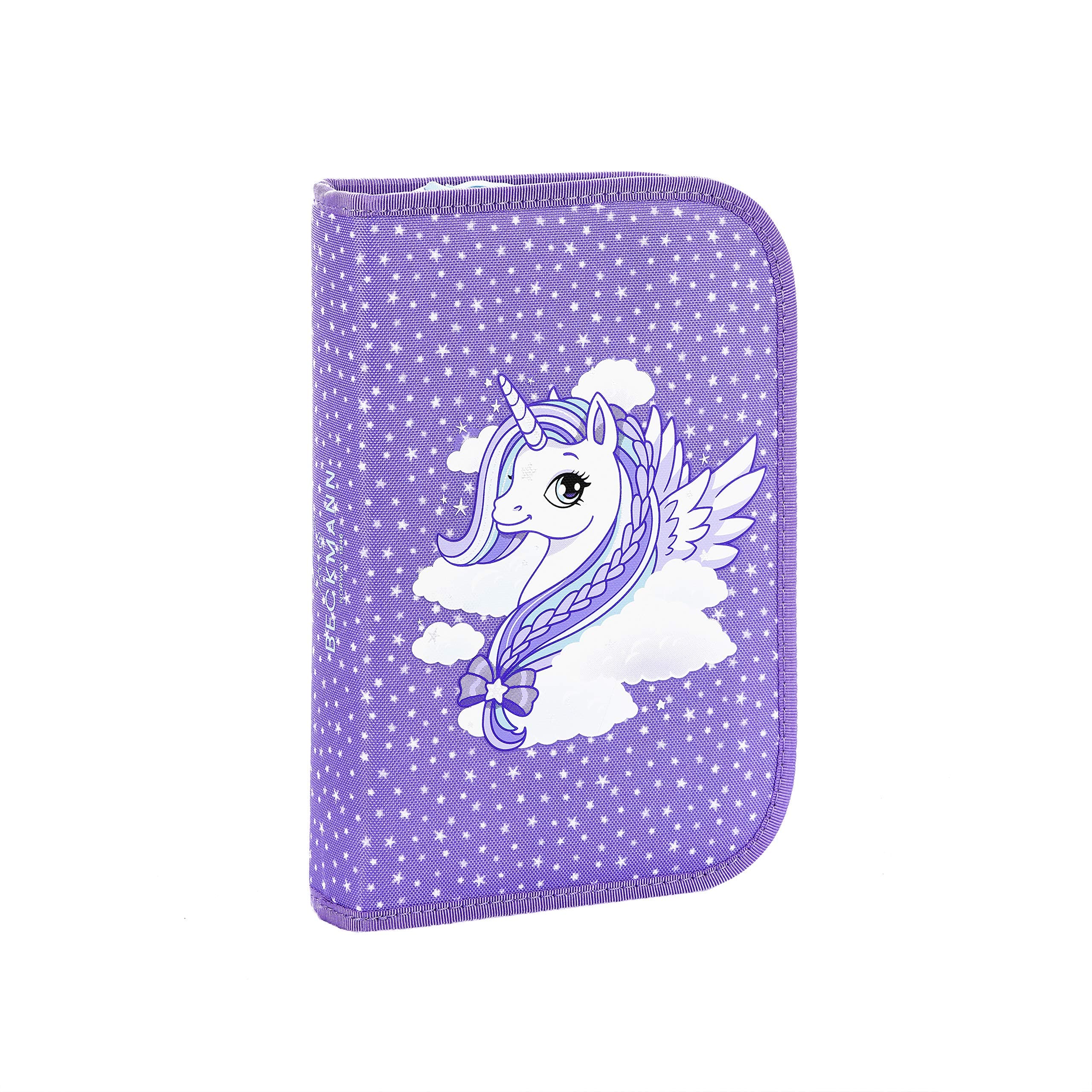 Single pencil case with content Purple unicorn