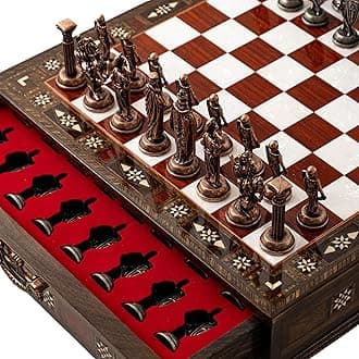 Luxury Wooden Chess Set with Metal British Army Pieces – Handmade Walnut Chess Board with Storage – Decorative Gift for Adults & Father Gift (Rose)