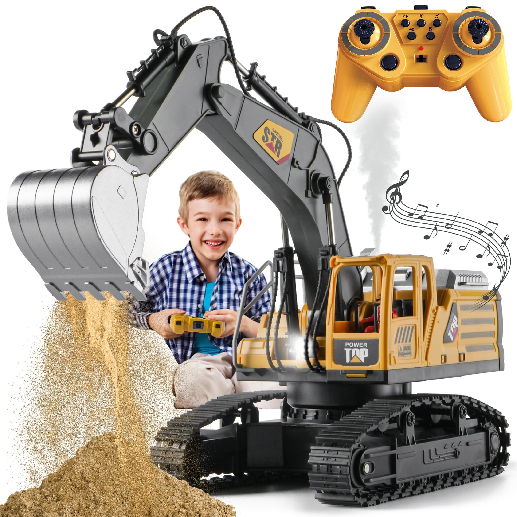 Remote Control Digger Toys 14 Channel Remote Control Excavator Construction Toys Tractor,Simulated smoke, sound, lighting, metal digging head,RC Truck Toys for Boys 6 7 8 9 10 11 12