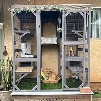 Aivituvin Cat House Outdoor Catio Kitty Enclosure with Super Large Enter Door,Wooden Cat Cage Condo Indoor Playpen with Platforms,Small House,70 Inch