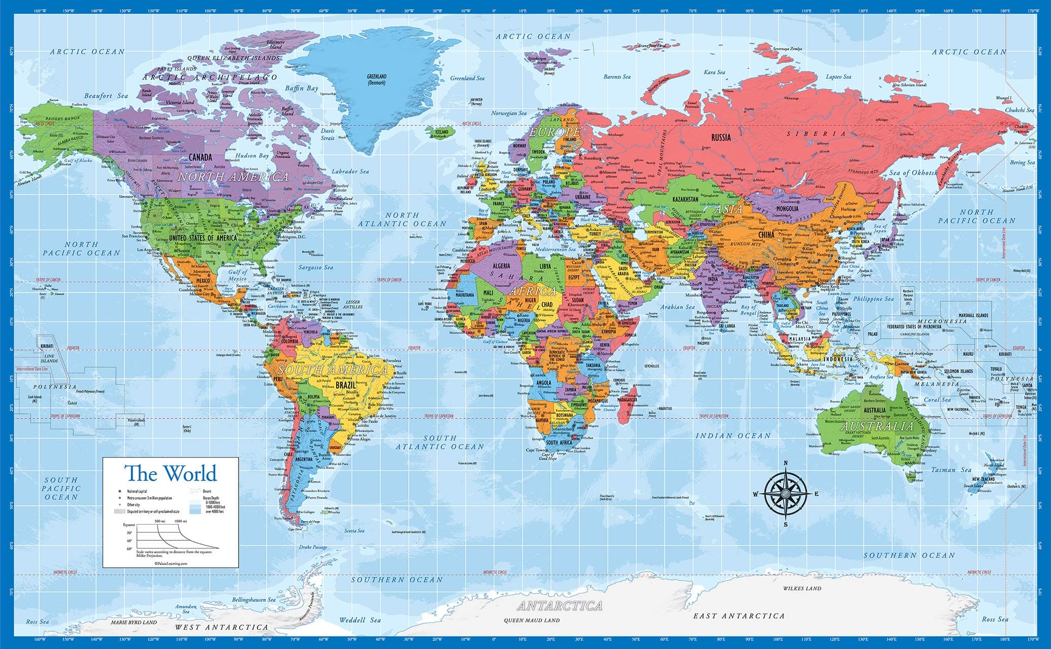 – Laminated World Map Poster - Wall Chart Map of Earth - 18" x 29" (Blue)