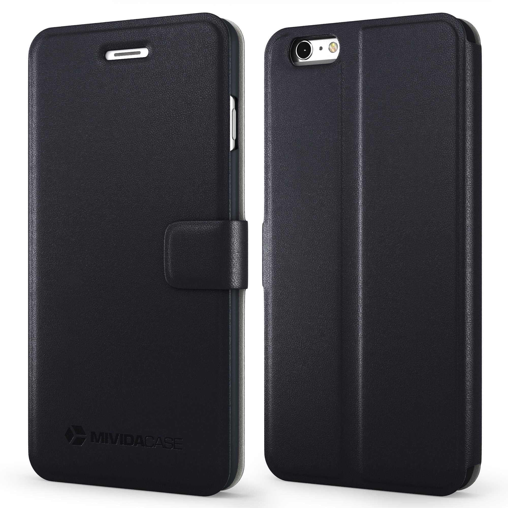 Mividacase iPhone 6 6s Plus Wallet Case - Premium Quality PU Leather - Microfiber - Black Slim Cover - Kickstand and Card Slots - for Men and Women